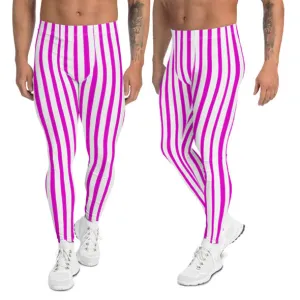 Pink White Striped Men's Leggings, Festival Colorful Best Circus Meggings Running Tights For Men -Made in USA/MX/EU