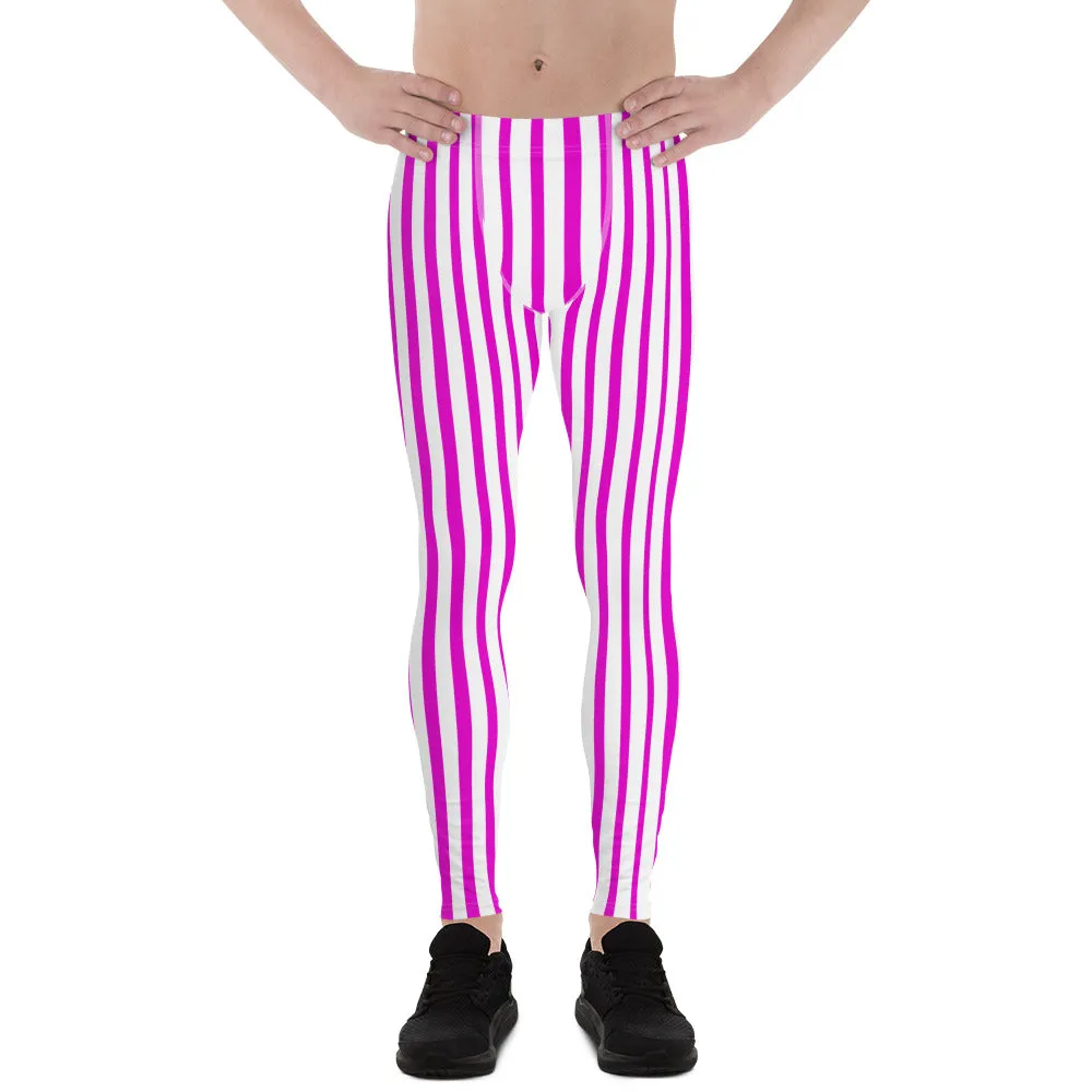 Pink White Striped Men's Leggings, Festival Colorful Best Circus Meggings Running Tights For Men -Made in USA/MX/EU