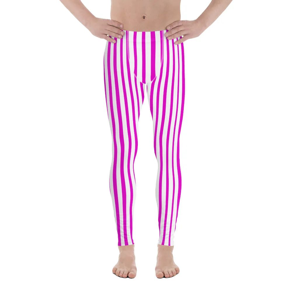 Pink White Striped Men's Leggings, Festival Colorful Best Circus Meggings Running Tights For Men -Made in USA/MX/EU