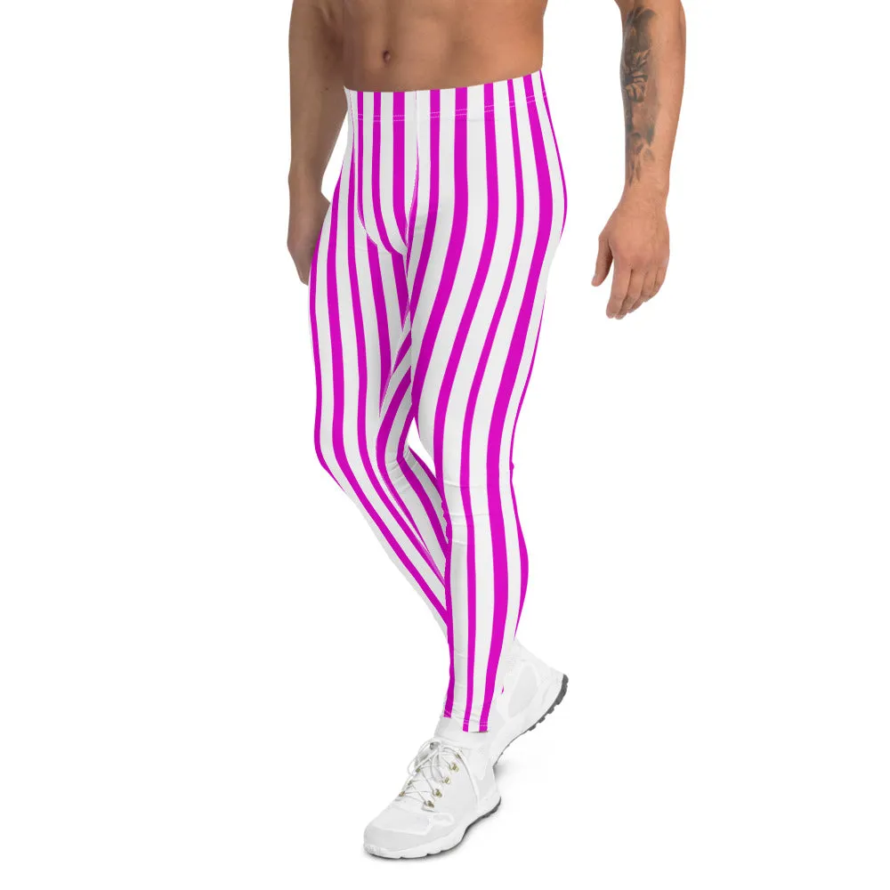 Pink White Striped Men's Leggings, Festival Colorful Best Circus Meggings Running Tights For Men -Made in USA/MX/EU