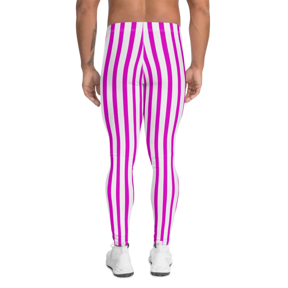 Pink White Striped Men's Leggings, Festival Colorful Best Circus Meggings Running Tights For Men -Made in USA/MX/EU