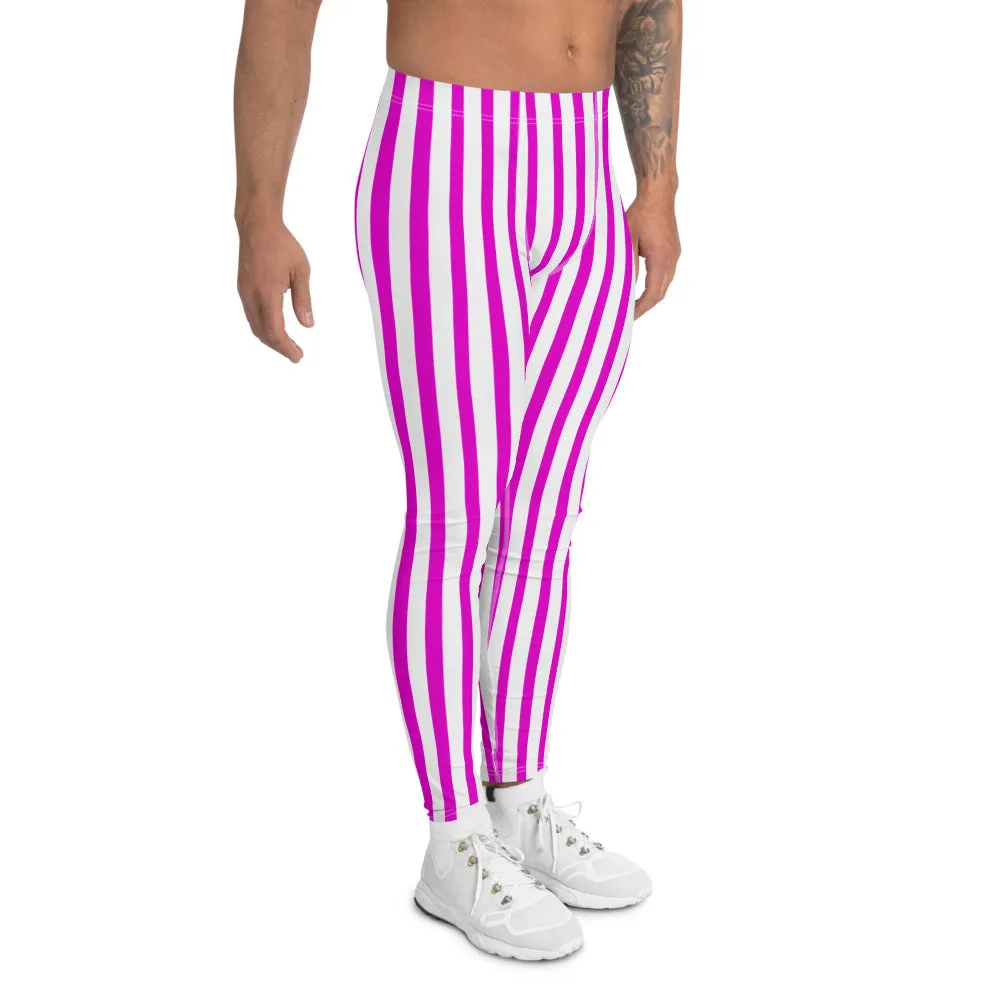 Pink White Striped Men's Leggings, Festival Colorful Best Circus Meggings Running Tights For Men -Made in USA/MX/EU