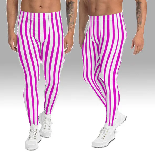 Pink White Striped Men's Leggings, Festival Colorful Best Circus Meggings Running Tights For Men -Made in USA/MX/EU