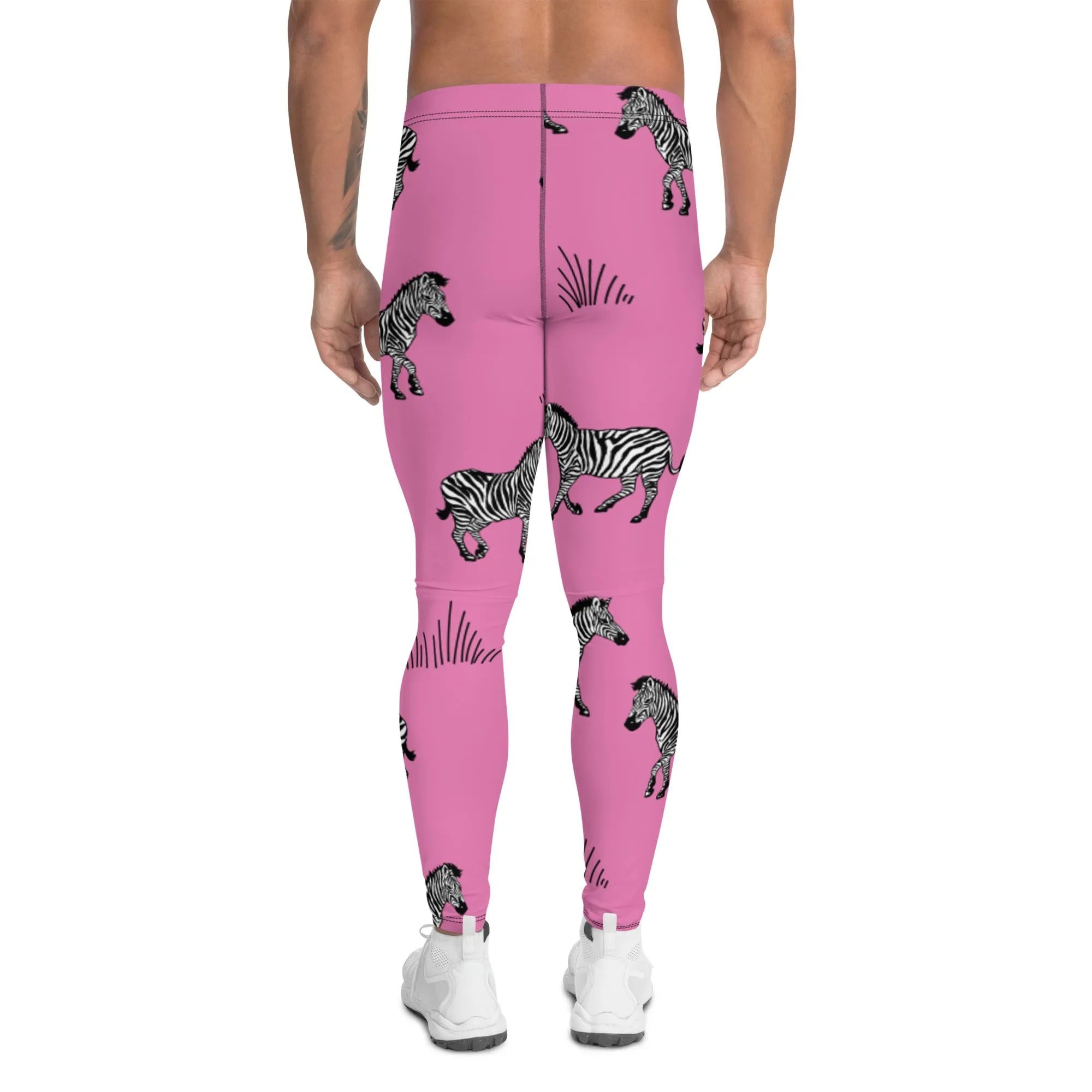 Pink Zebra Print Men's Leggings, Zebra Striped Print Designer Running Compression Tights For Men - Made in USA/EU/MX