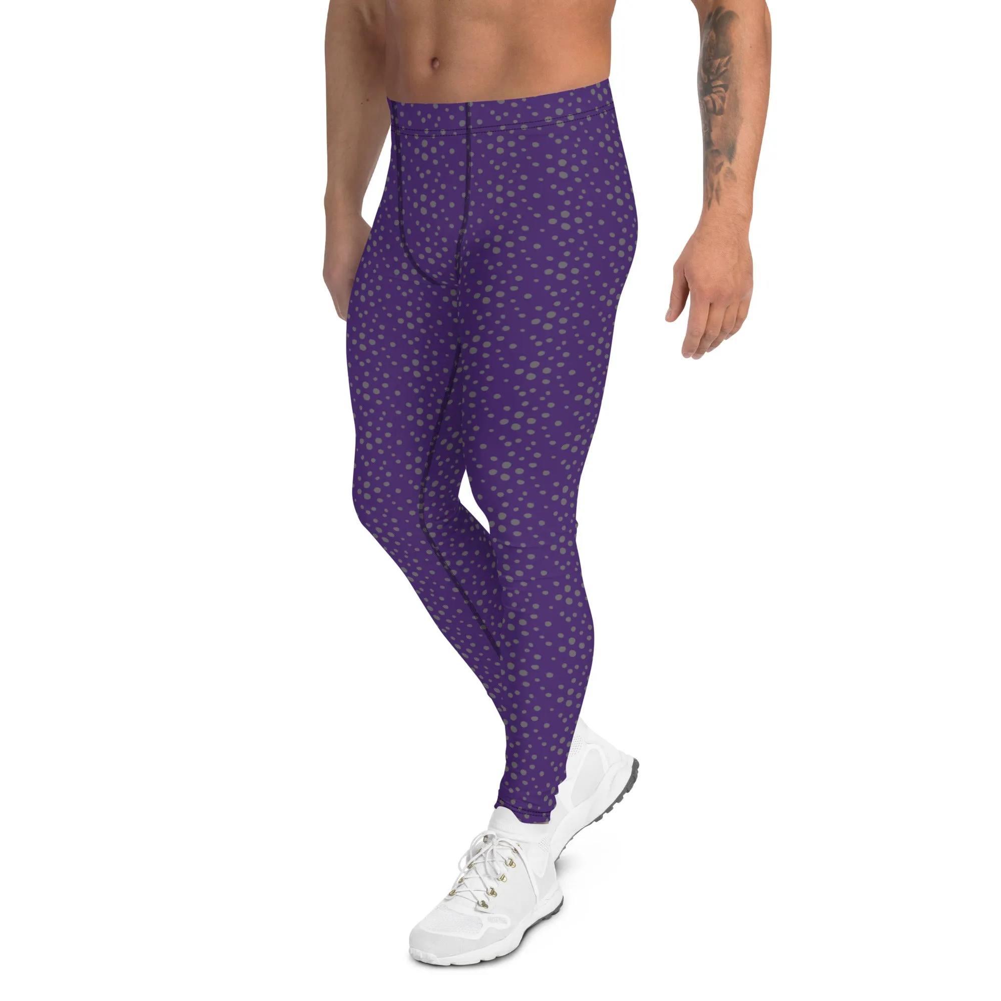 Purple Dotted Men's Leggings, Dots Pattern Designer Running Compression Tights For Men - Made in USA/EU/MX