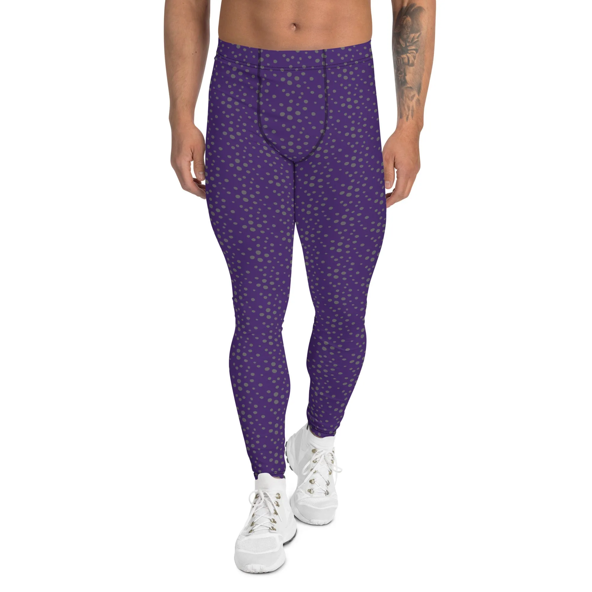 Purple Dotted Men's Leggings, Dots Pattern Designer Running Compression Tights For Men - Made in USA/EU/MX