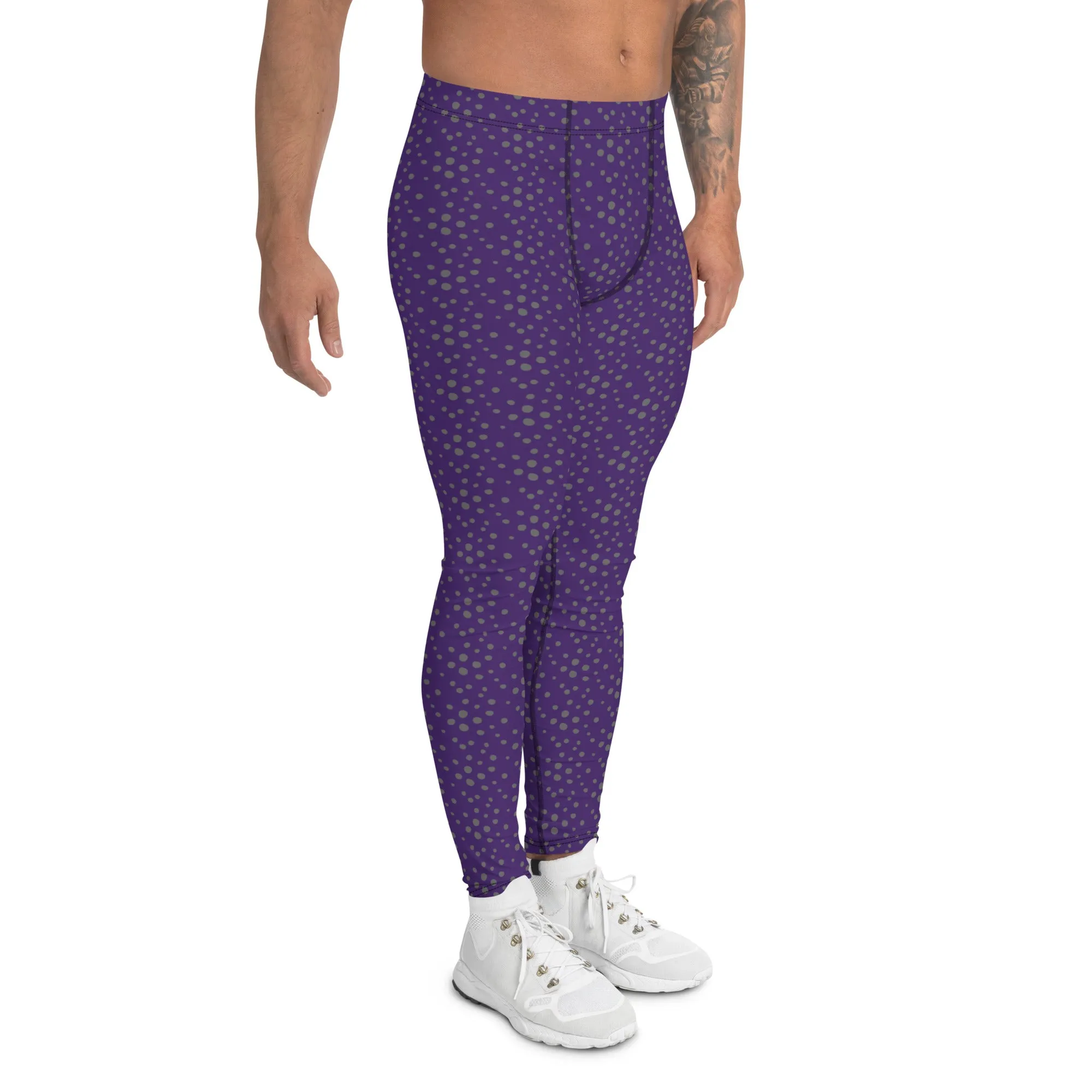 Purple Dotted Men's Leggings, Dots Pattern Designer Running Compression Tights For Men - Made in USA/EU/MX