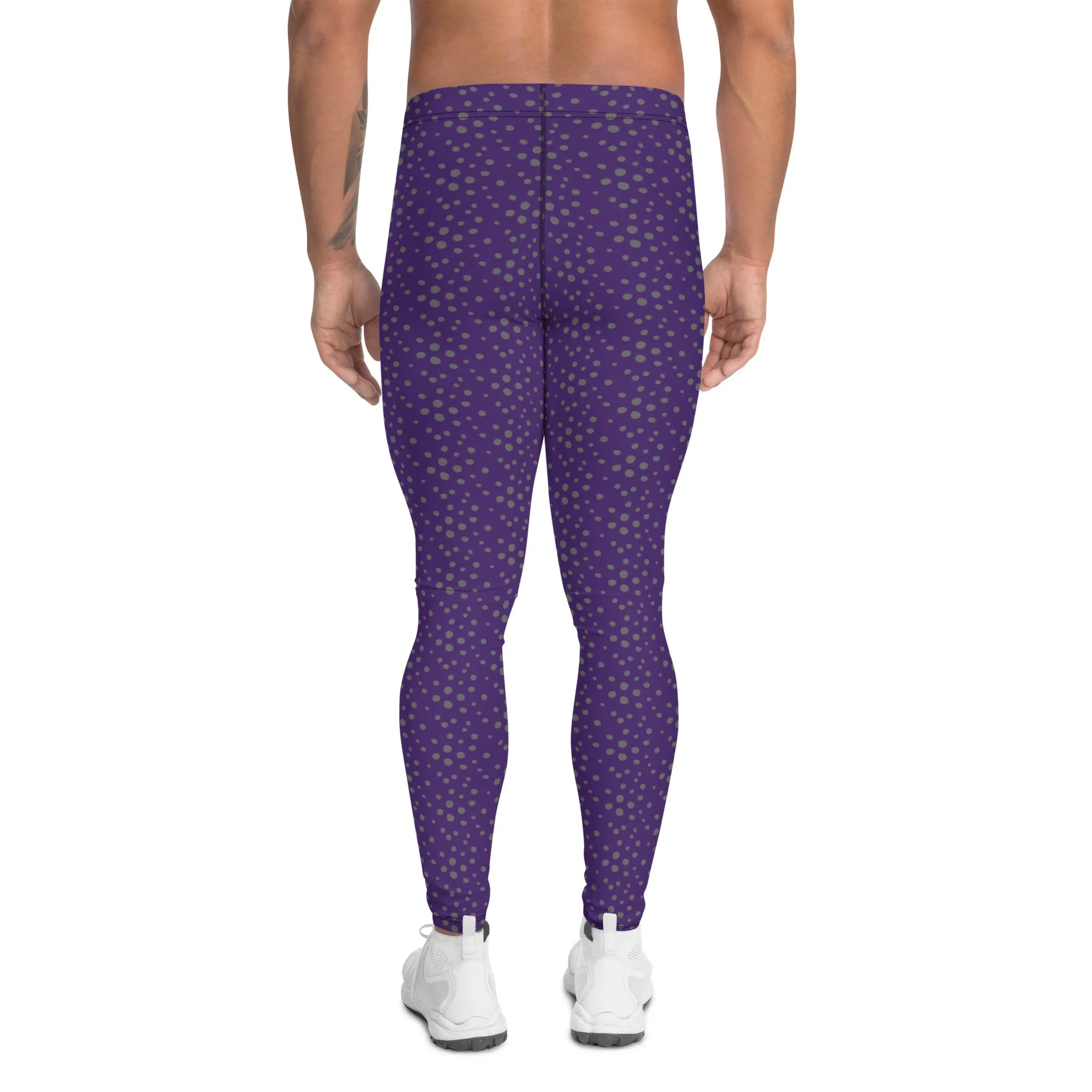 Purple Dotted Men's Leggings, Dots Pattern Designer Running Compression Tights For Men - Made in USA/EU/MX