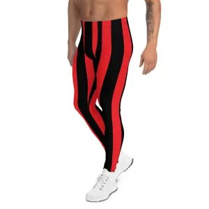 Red Black Stripes Men's Leggings, Designer Vertically Striped Meggings For Men-Made in USA/EU/MX