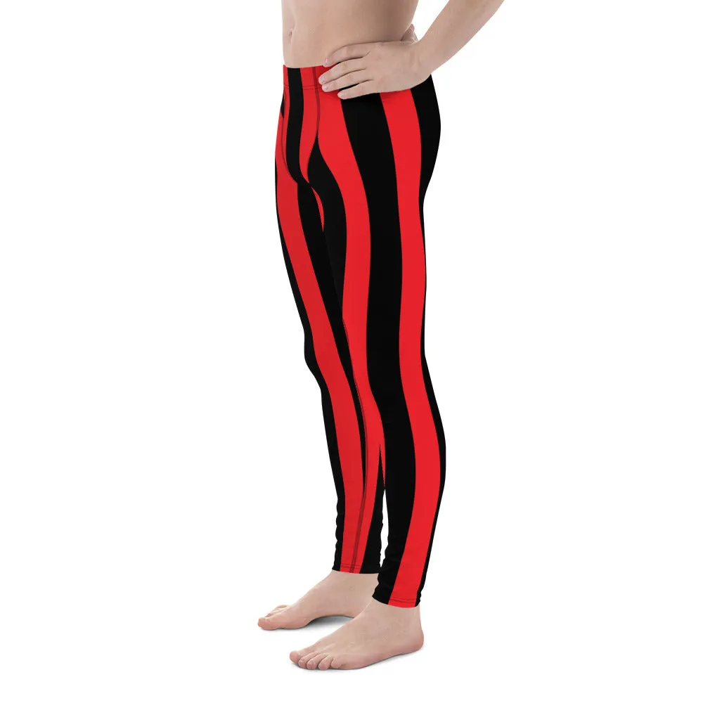 Red Black Stripes Men's Leggings, Designer Vertically Striped Meggings For Men-Made in USA/EU/MX