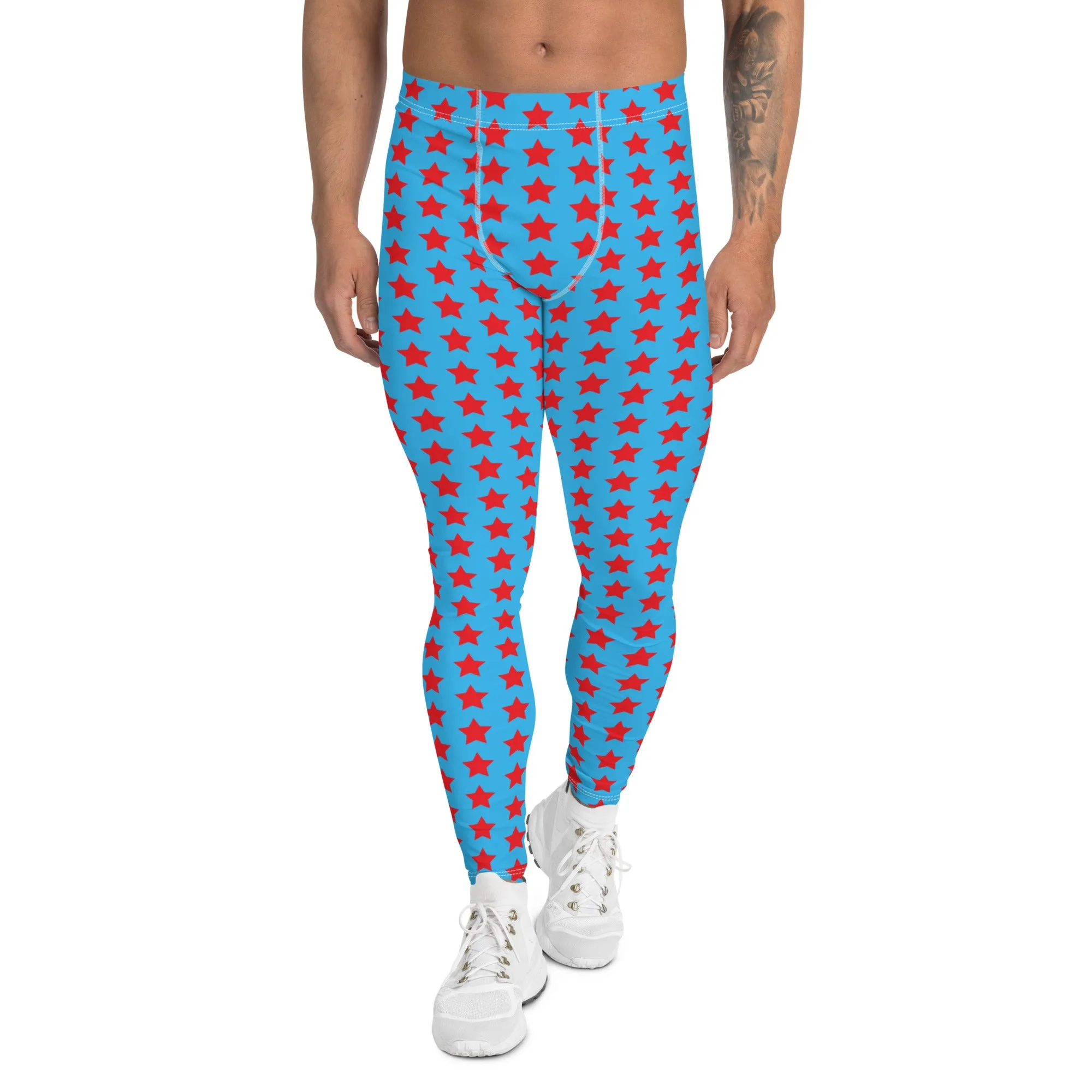 Red Blue Stars Meggings, Best Men's Leggings Running Compression Tights For Men - Made in USA/EU/MX