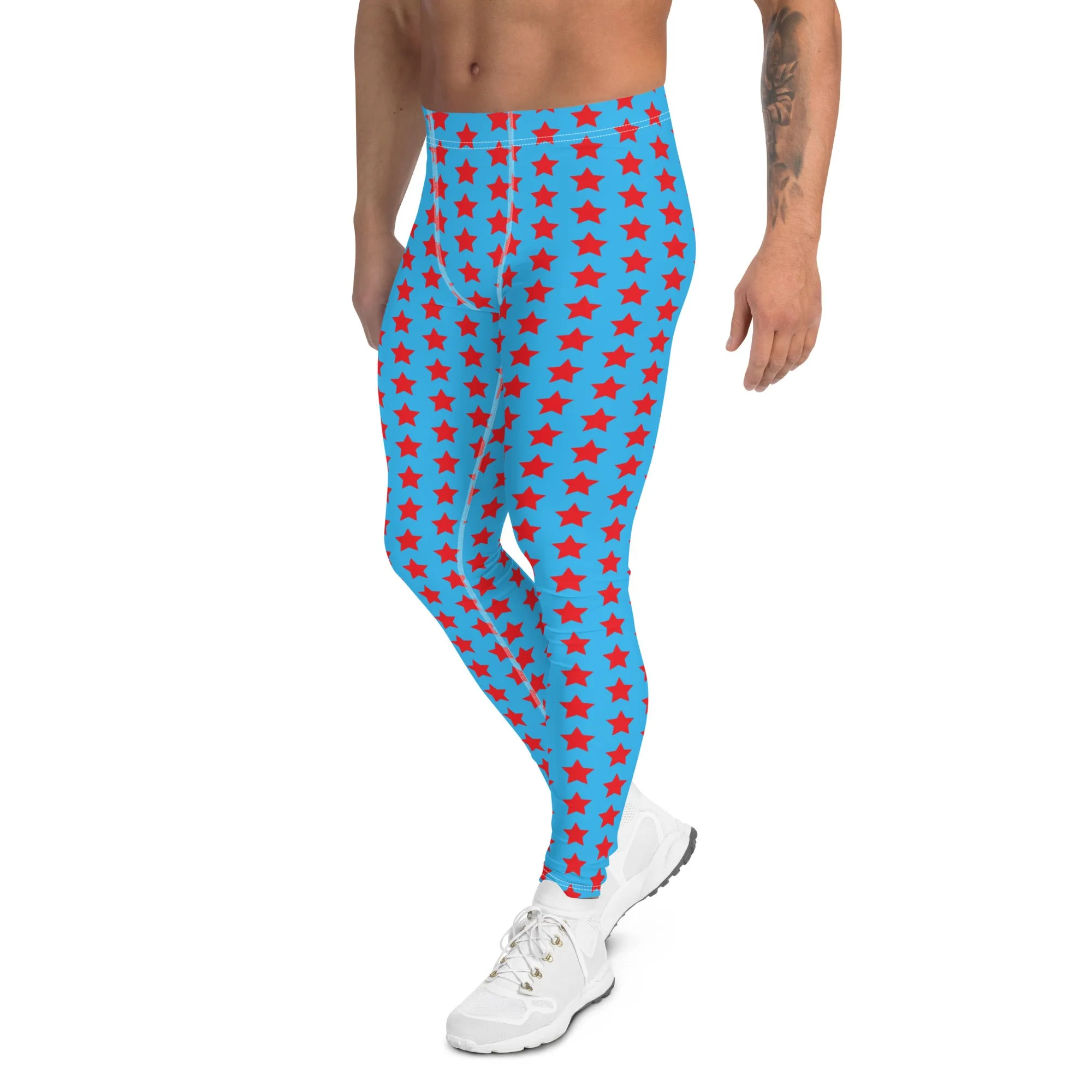 Red Blue Stars Meggings, Best Men's Leggings Running Compression Tights For Men - Made in USA/EU/MX