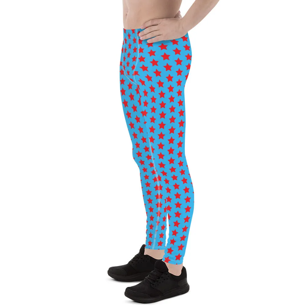 Red Blue Stars Meggings, Best Men's Leggings Running Compression Tights For Men - Made in USA/EU/MX