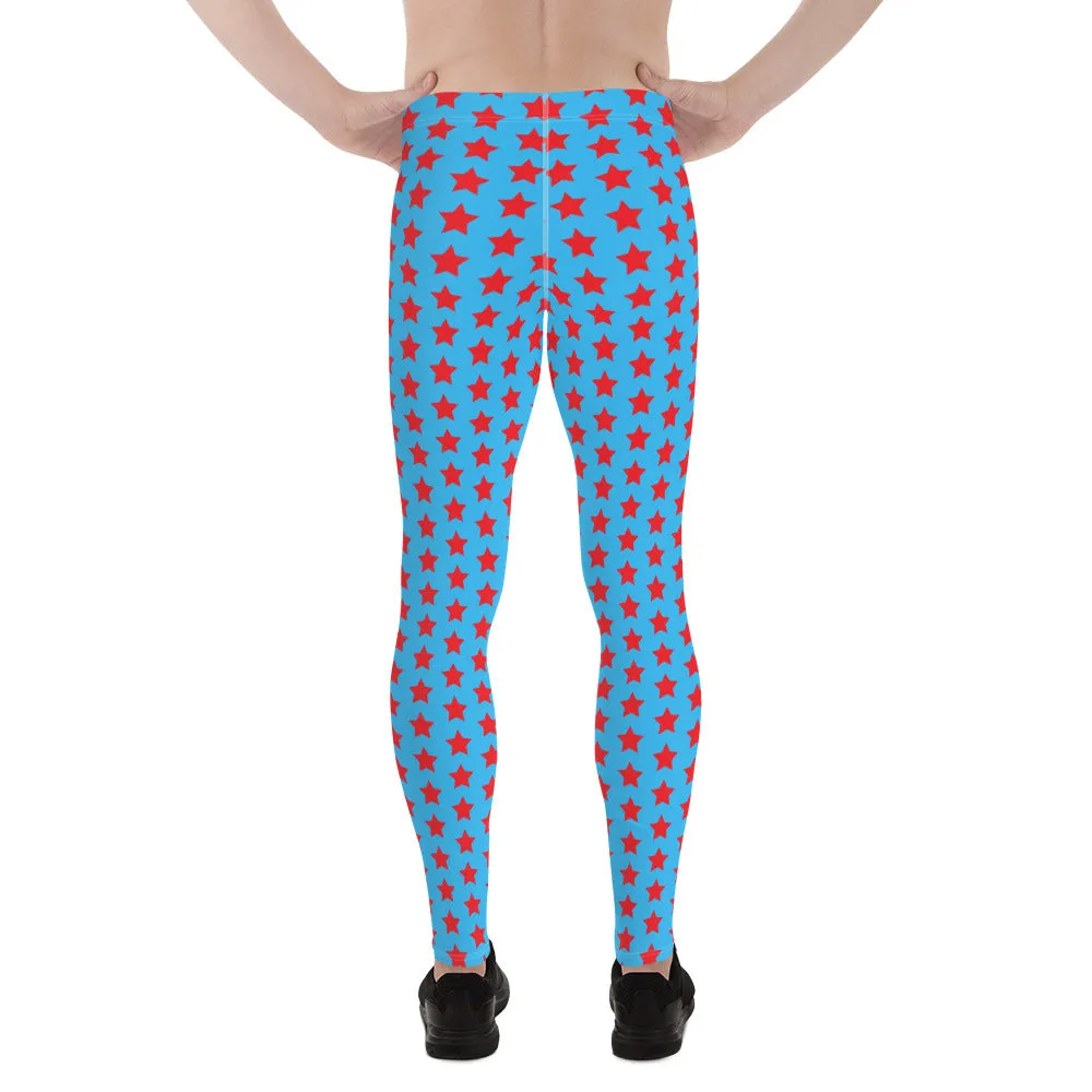 Red Blue Stars Meggings, Best Men's Leggings Running Compression Tights For Men - Made in USA/EU/MX