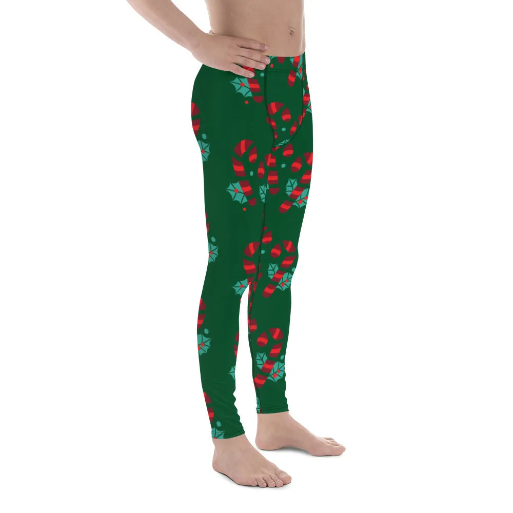 Red Candy Cane Meggings, Green and Red Colorful Christmas Candy Cane Style Gym Tights For Men - Made in USA/EU/MX