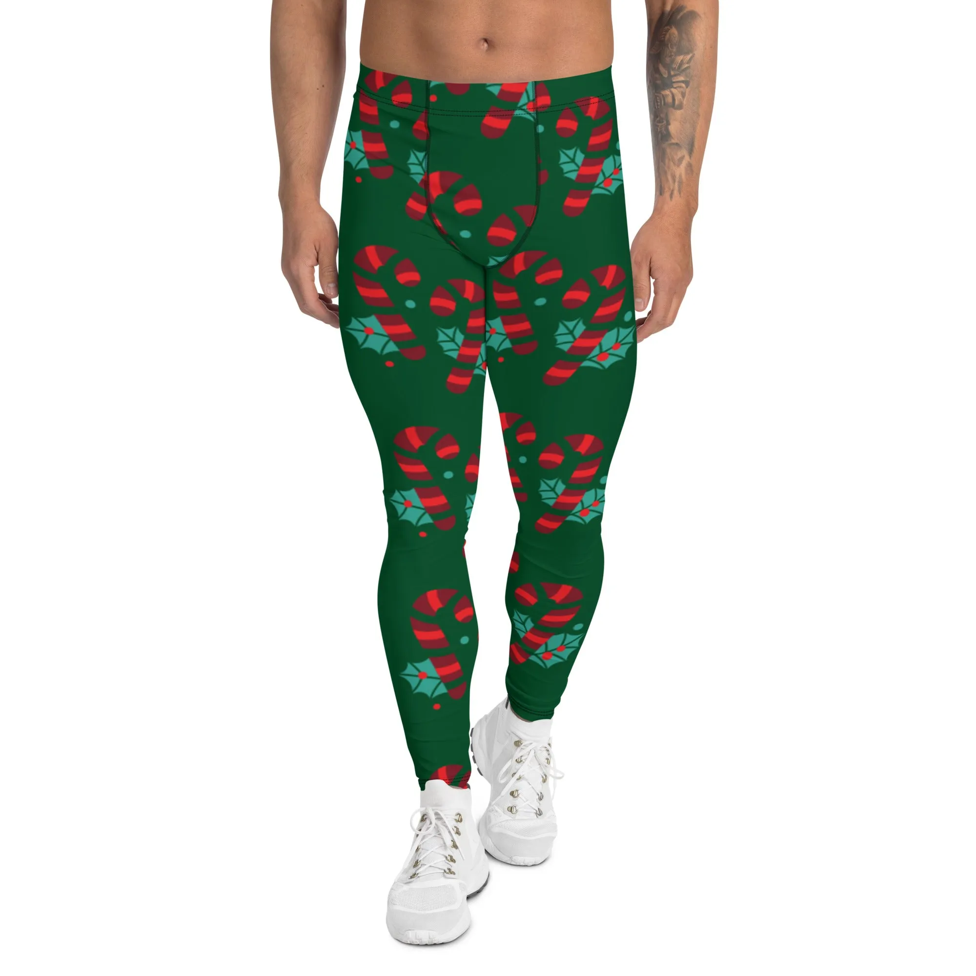 Red Candy Cane Meggings, Green and Red Colorful Christmas Candy Cane Style Gym Tights For Men - Made in USA/EU/MX