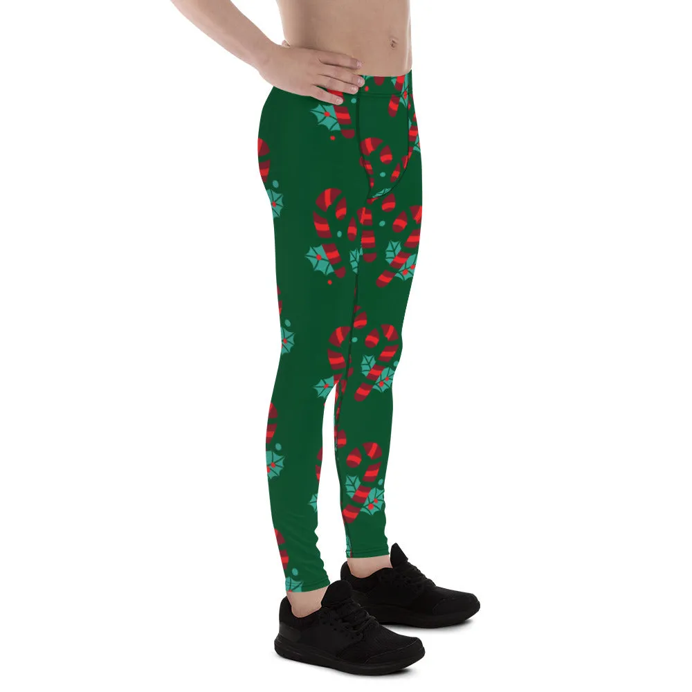 Red Candy Cane Meggings, Green and Red Colorful Christmas Candy Cane Style Gym Tights For Men - Made in USA/EU/MX