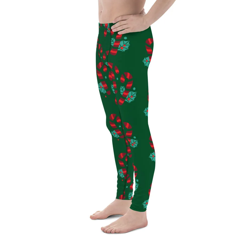 Red Candy Cane Meggings, Green and Red Colorful Christmas Candy Cane Style Gym Tights For Men - Made in USA/EU/MX