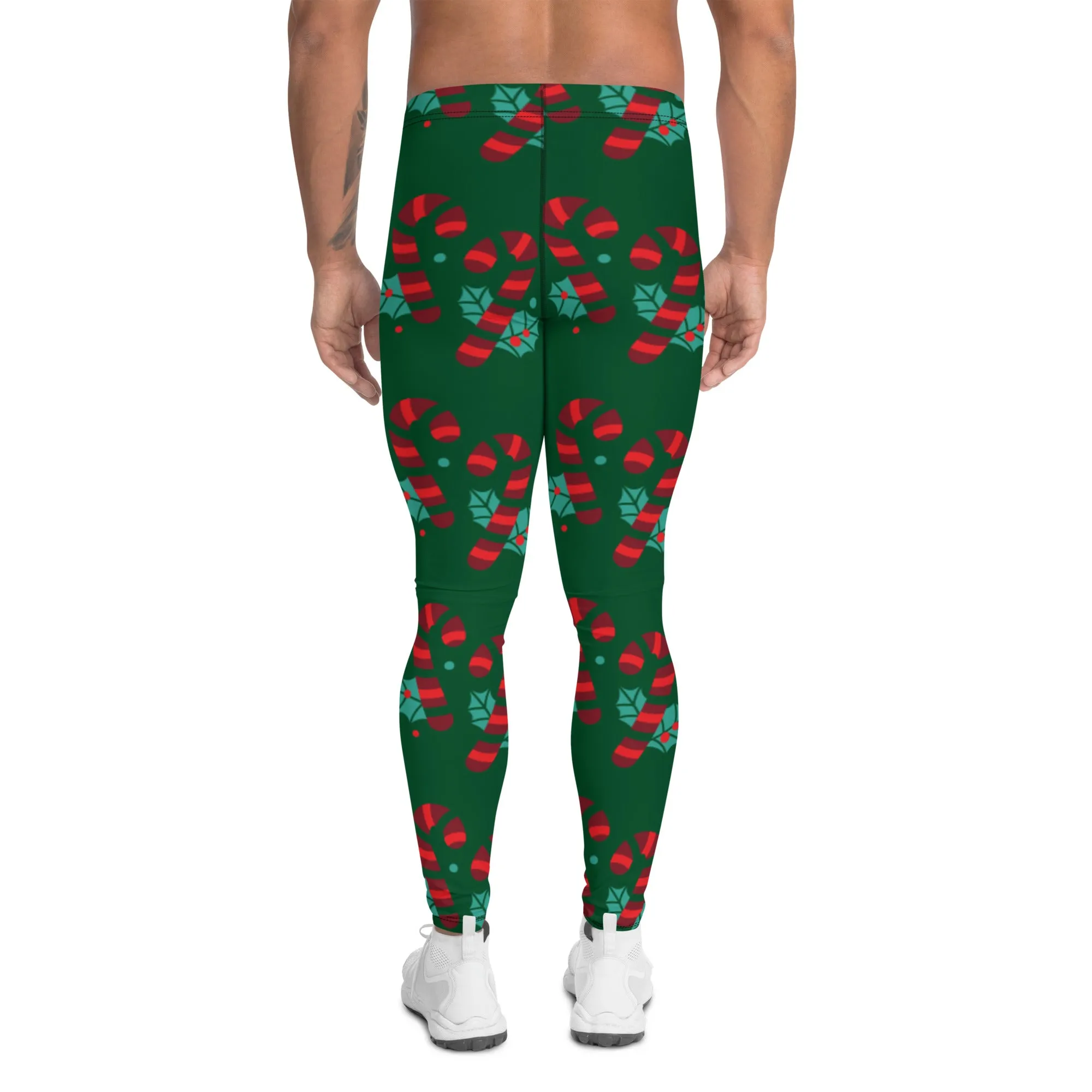 Red Candy Cane Meggings, Green and Red Colorful Christmas Candy Cane Style Gym Tights For Men - Made in USA/EU/MX