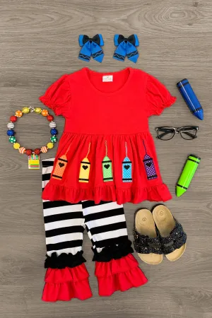 Red Crayons Striped Ruffle Capri Set