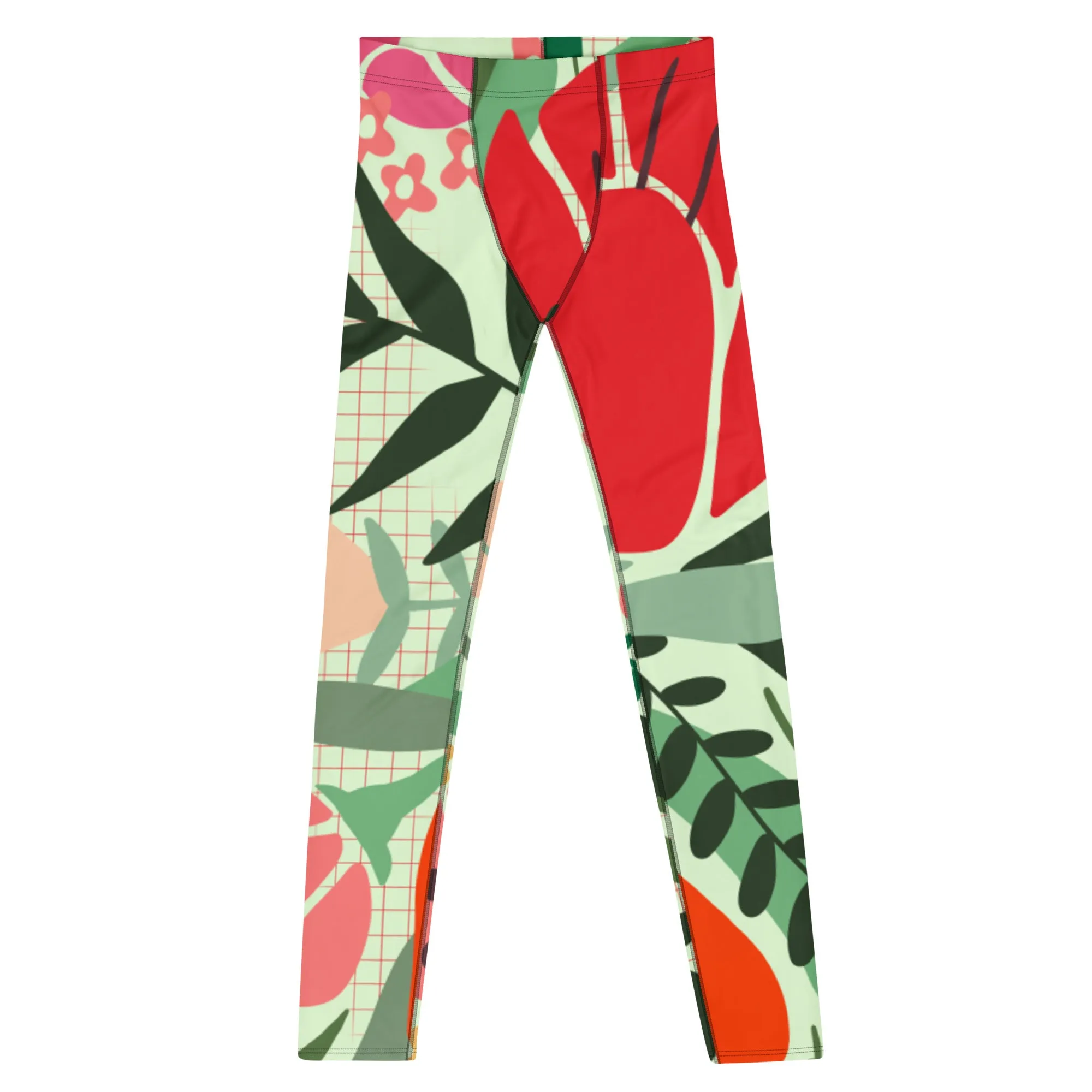 Red Floral Designer Men's Leggings, Flower Printed Designer Meggings Compression Tights-Made in USA/EU/MX