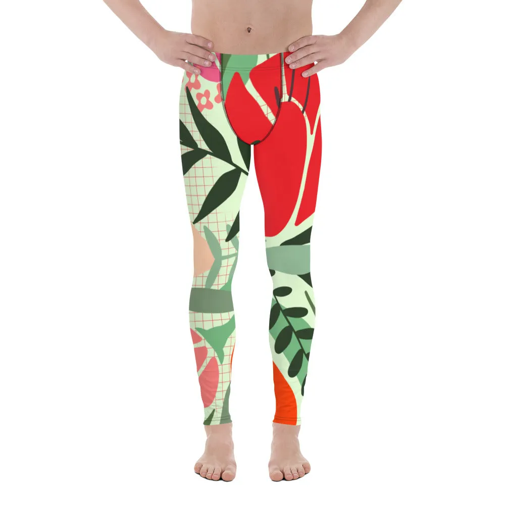 Red Floral Designer Men's Leggings, Flower Printed Designer Meggings Compression Tights-Made in USA/EU/MX