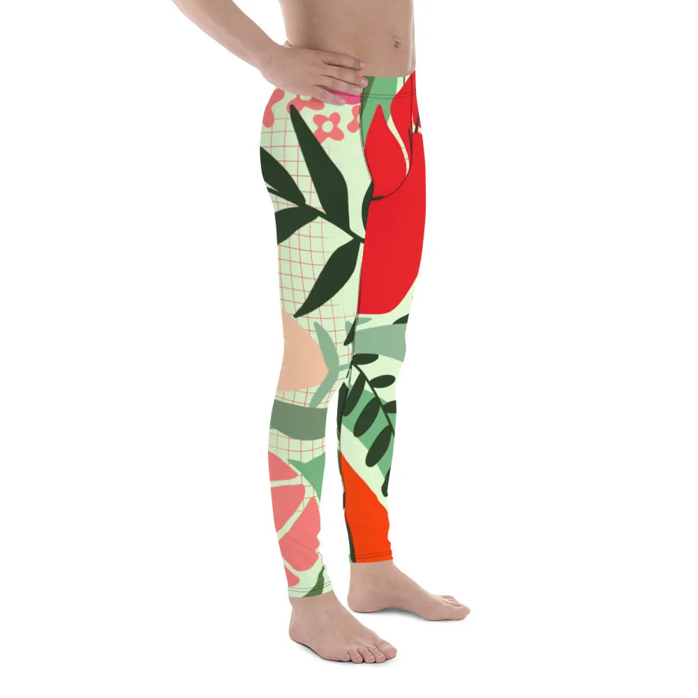 Red Floral Designer Men's Leggings, Flower Printed Designer Meggings Compression Tights-Made in USA/EU/MX