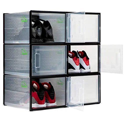 Shoepreem BLACK XL 6 pack - 14.6 Inches Long for BIG Shoes & Sneakers, Shoe Storage Organizer, Shoe Storage Boxes, Shoe Box Clear Plastic Stackable, Shoe Containers, Shoe Organizer for Closet