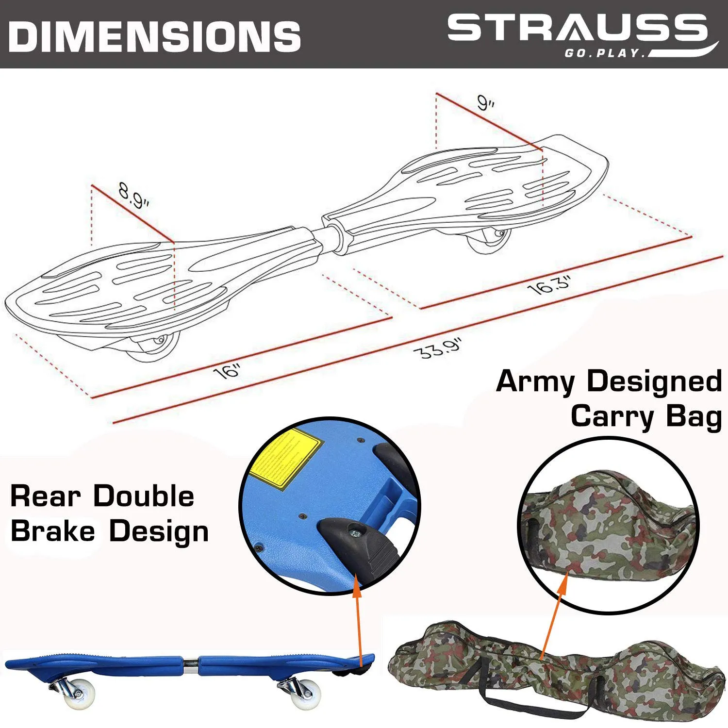 Strauss Bronx FB Waveboard/Caster Board/Balancing Board/Heavy Duty Skateboard with 360-degree Caster Wheels | Lightweight with Illuminating ABEC 7 Premium PU Wheels