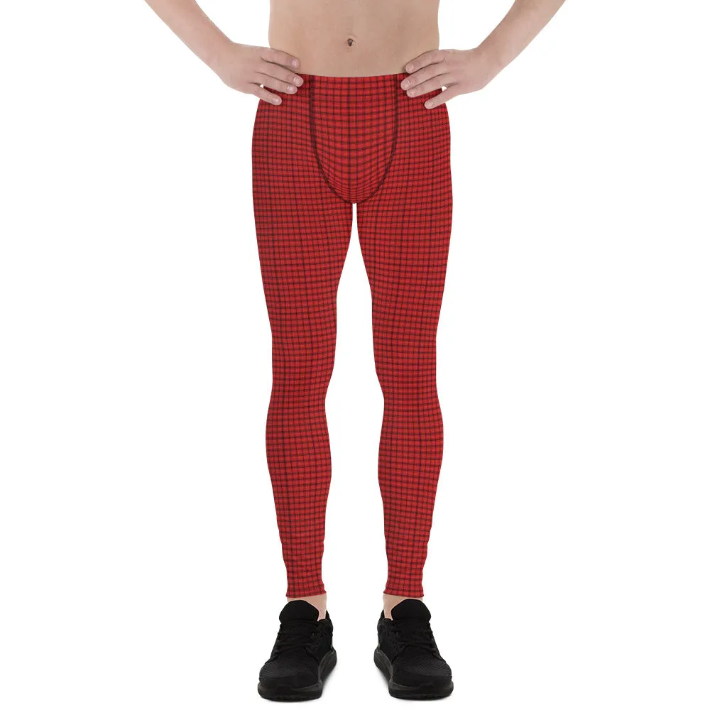 Tartan Print Men's Leggings, Red Plaid Print Men Compression Run Tights-Made in USA/EU