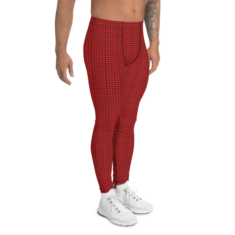 Tartan Print Men's Leggings, Red Plaid Print Men Compression Run Tights-Made in USA/EU