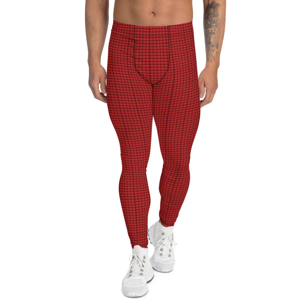 Tartan Print Men's Leggings, Red Plaid Print Men Compression Run Tights-Made in USA/EU