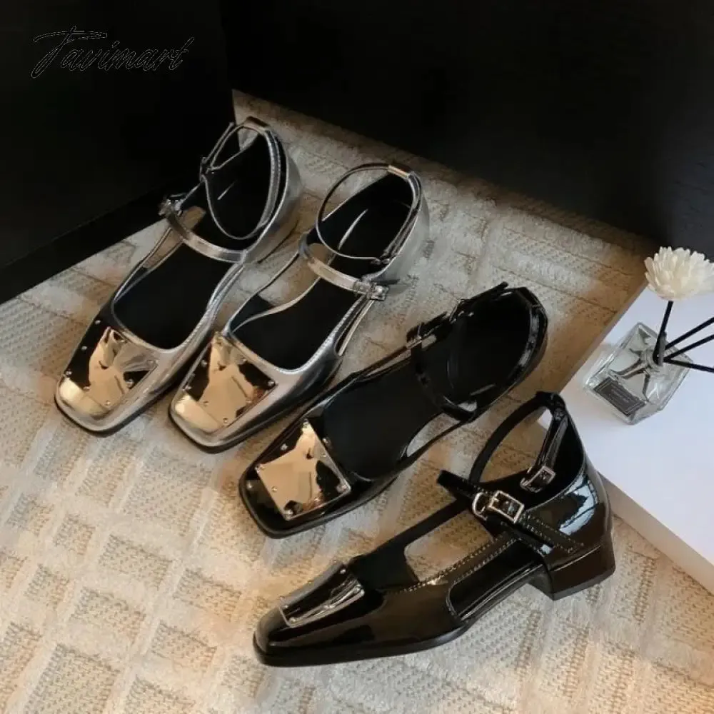 Tavimart Hollow out silver Mary Jane shoes with square toe, thick heels, shallow cut, one line buckle, single shoe