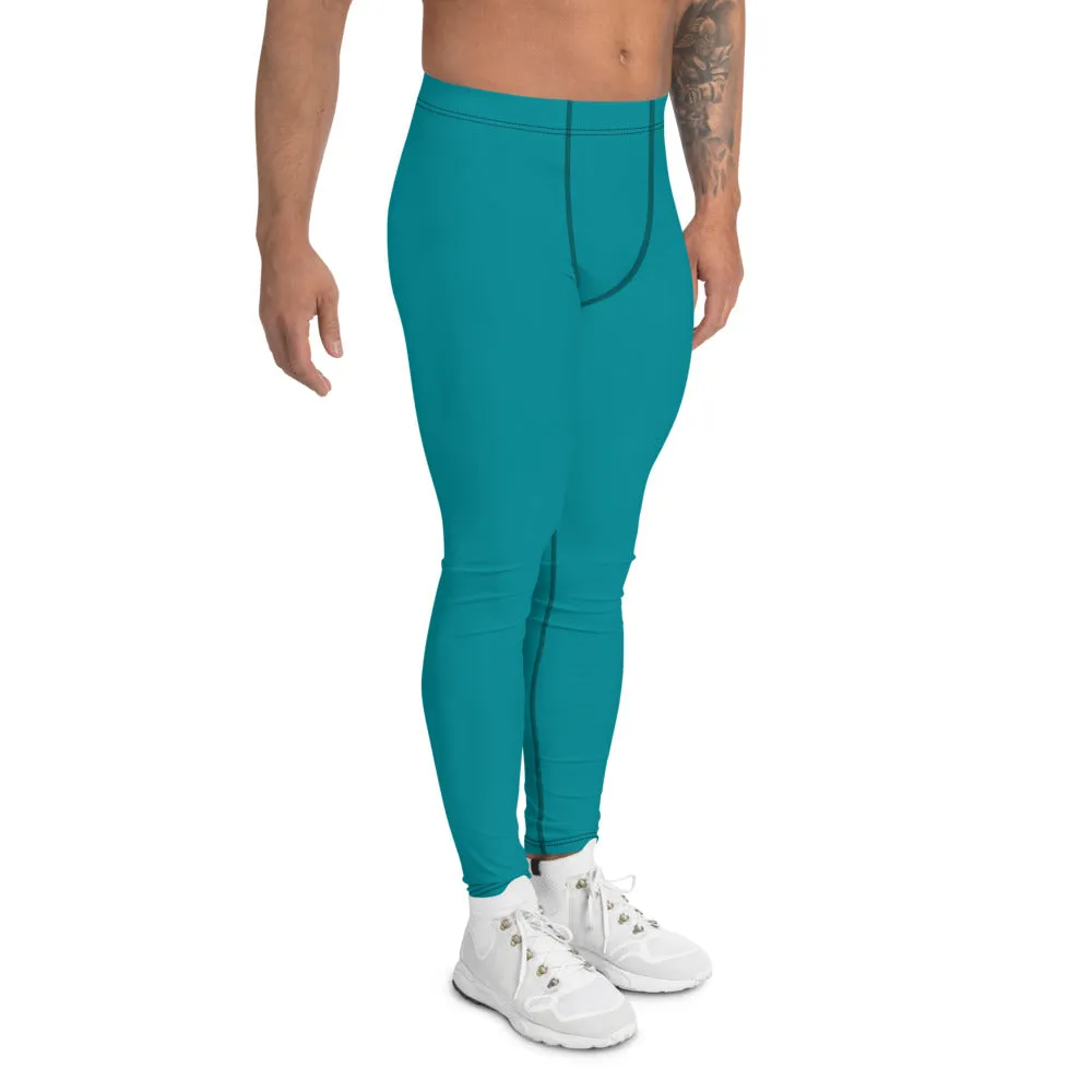 Teal Blue Men's Leggings, Solid Color Meggings Compression Tights-Made in USA/EU