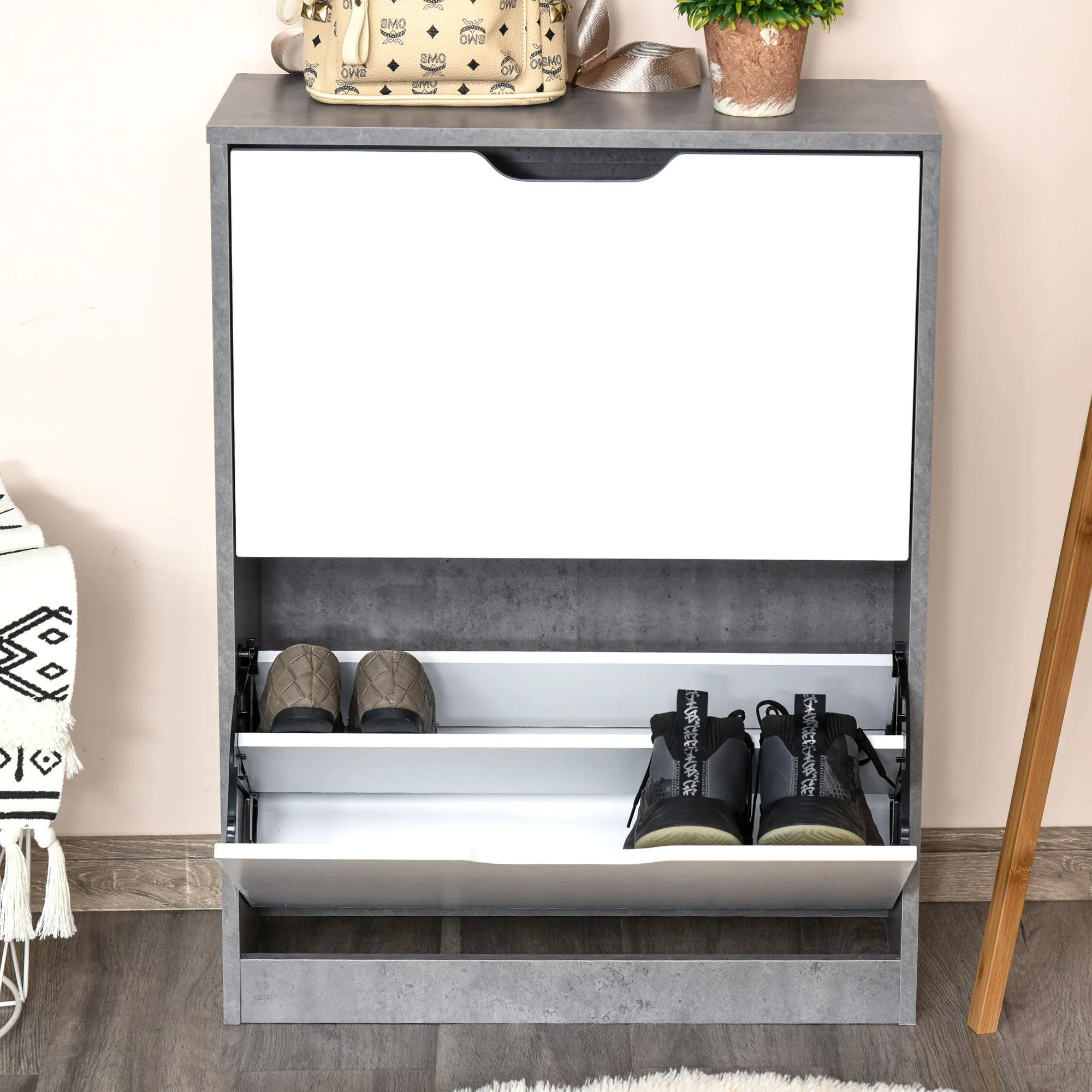 Two Drawer Shoe Cabinet Home Storage Organiser w/ Groove Handles Adjustable Shelves Modern Boxy Rack Hallway Bedroom Furniture