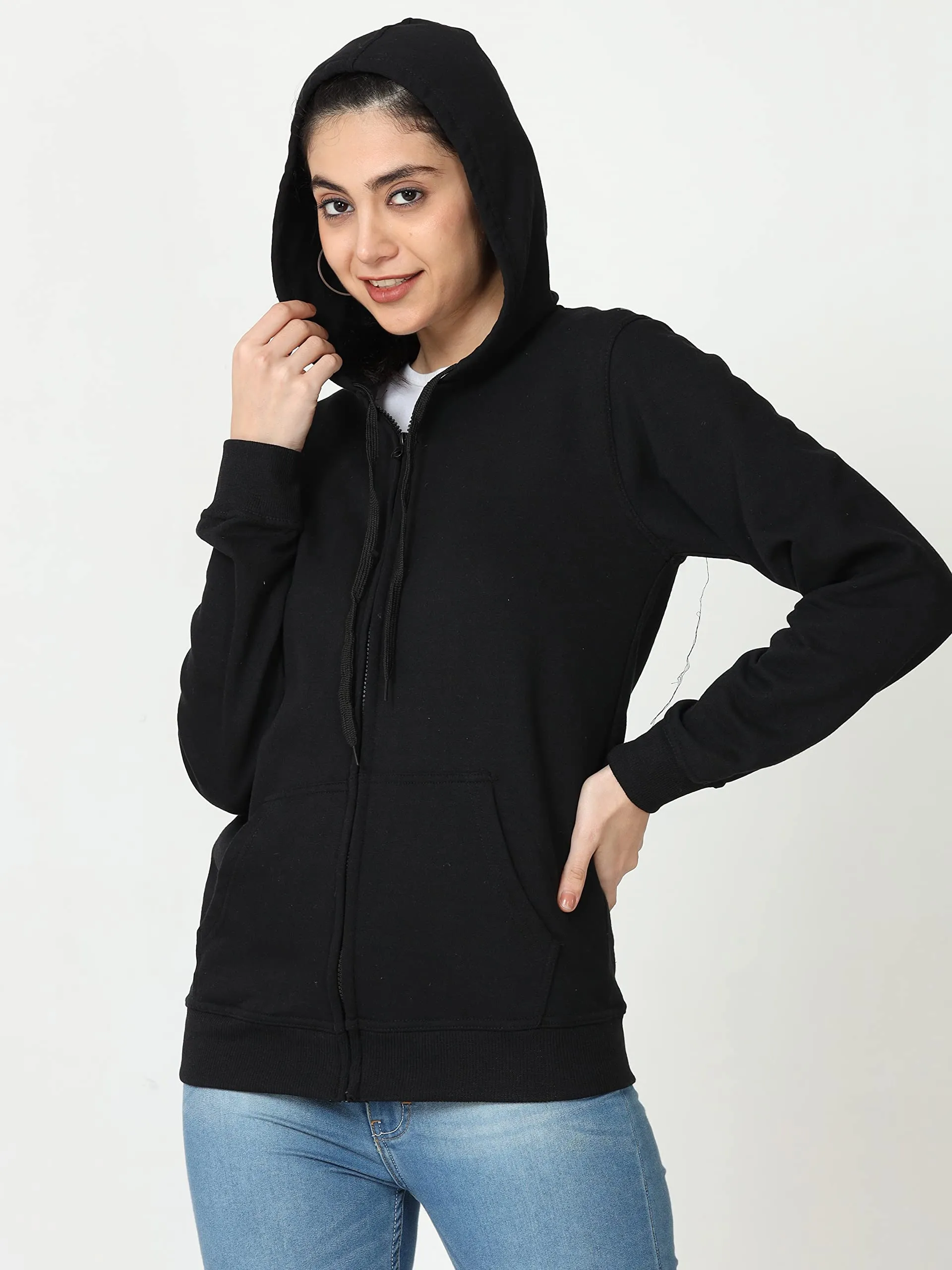 Wafaa Women's Cotton Plain Hooded Neck Full Zipper Black Color Sweatshirt Hoodies with Kangaroo Pocket XL Size