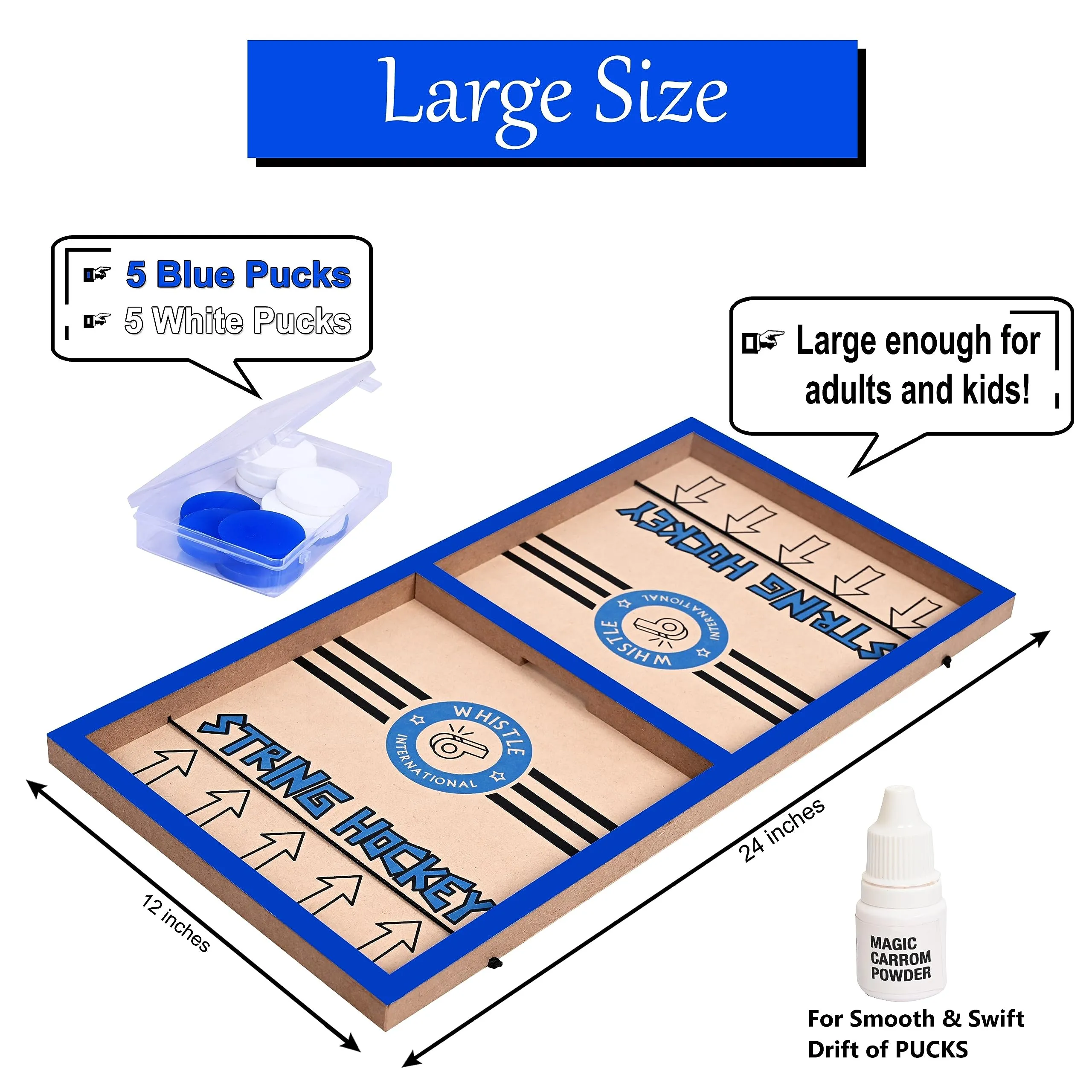 Whistle International 24 Professional Large Size Fast | Faster | Fastest Finger First String Hockey Sling Puck Indoor Board Games & Toys For Kids Children Adults & Family. (Blue)