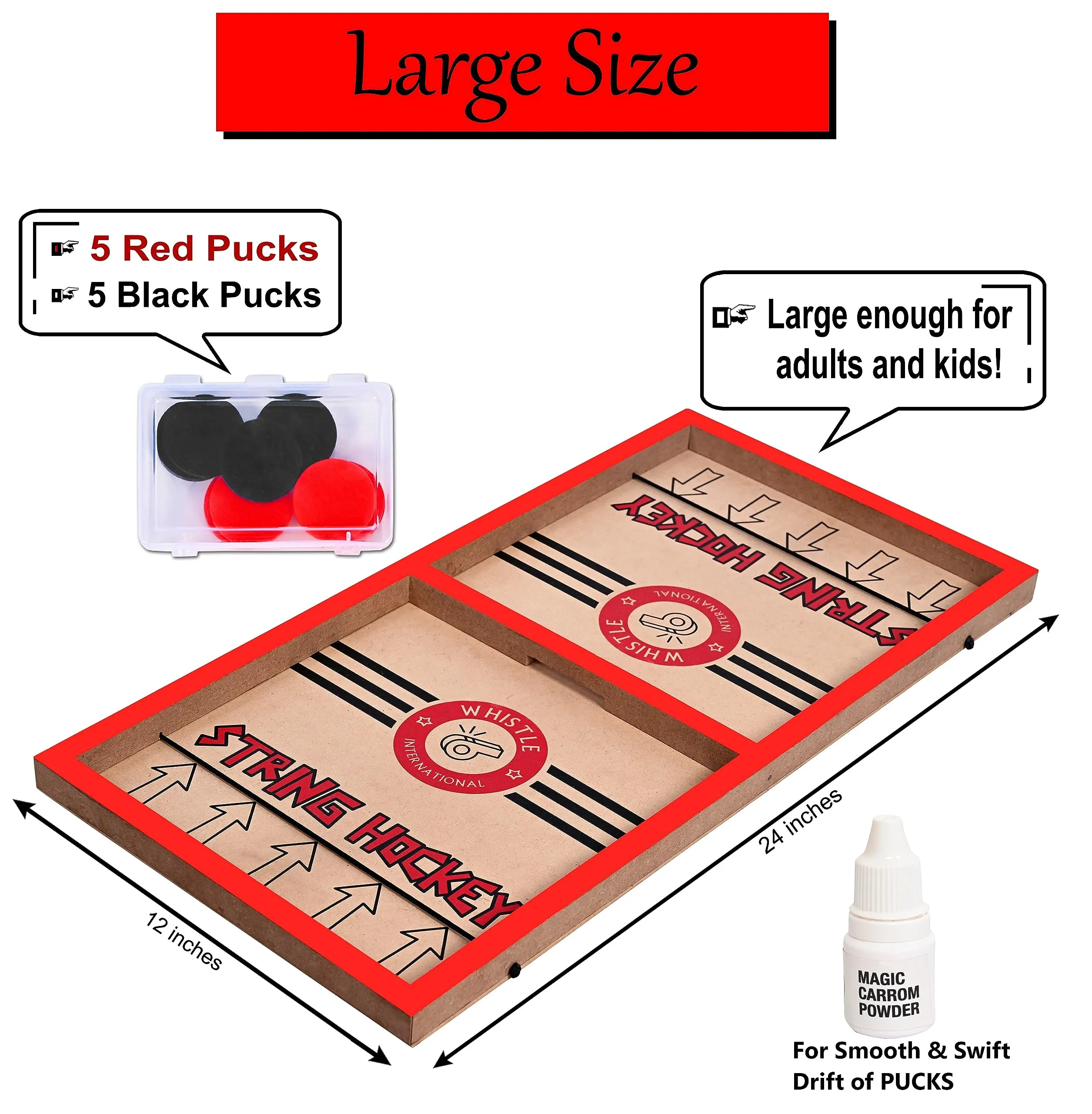 WHISTLE INTERNATIONAL 24" Professional Large Size Fast | Faster | Fastest Finger First String Hockey Sling Puck Indoor Board Games & Toys For Kids Children Adults & Family. (Red)