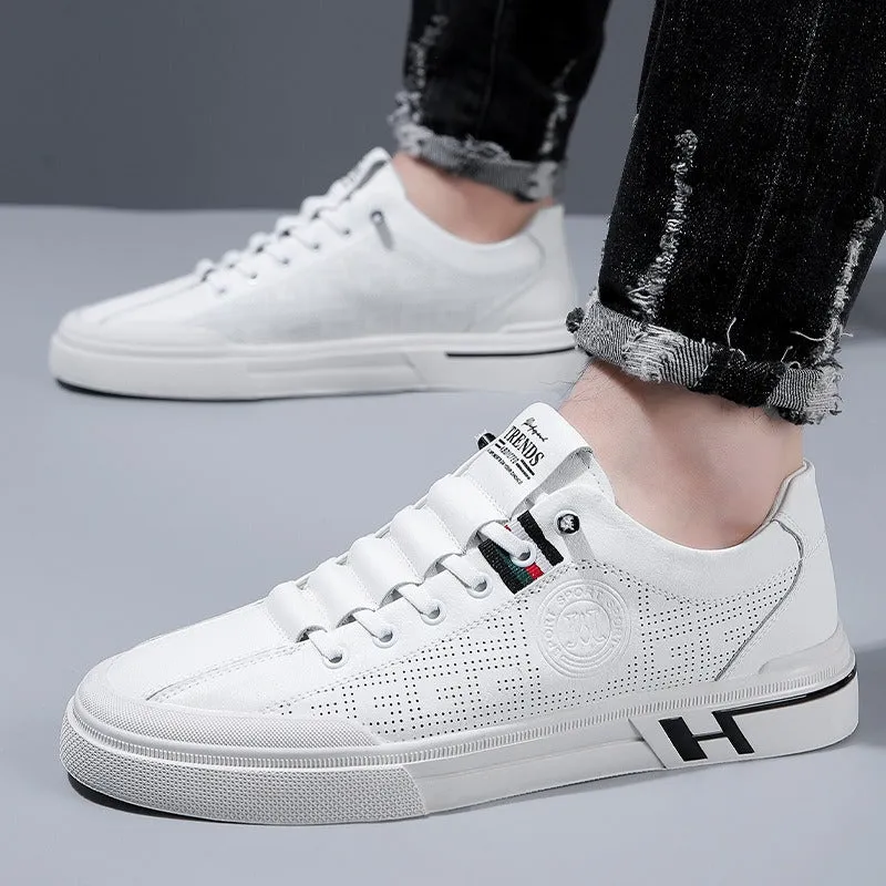 White Casual Summer Board Shoes with Soft Leather Soles and Breathable Design