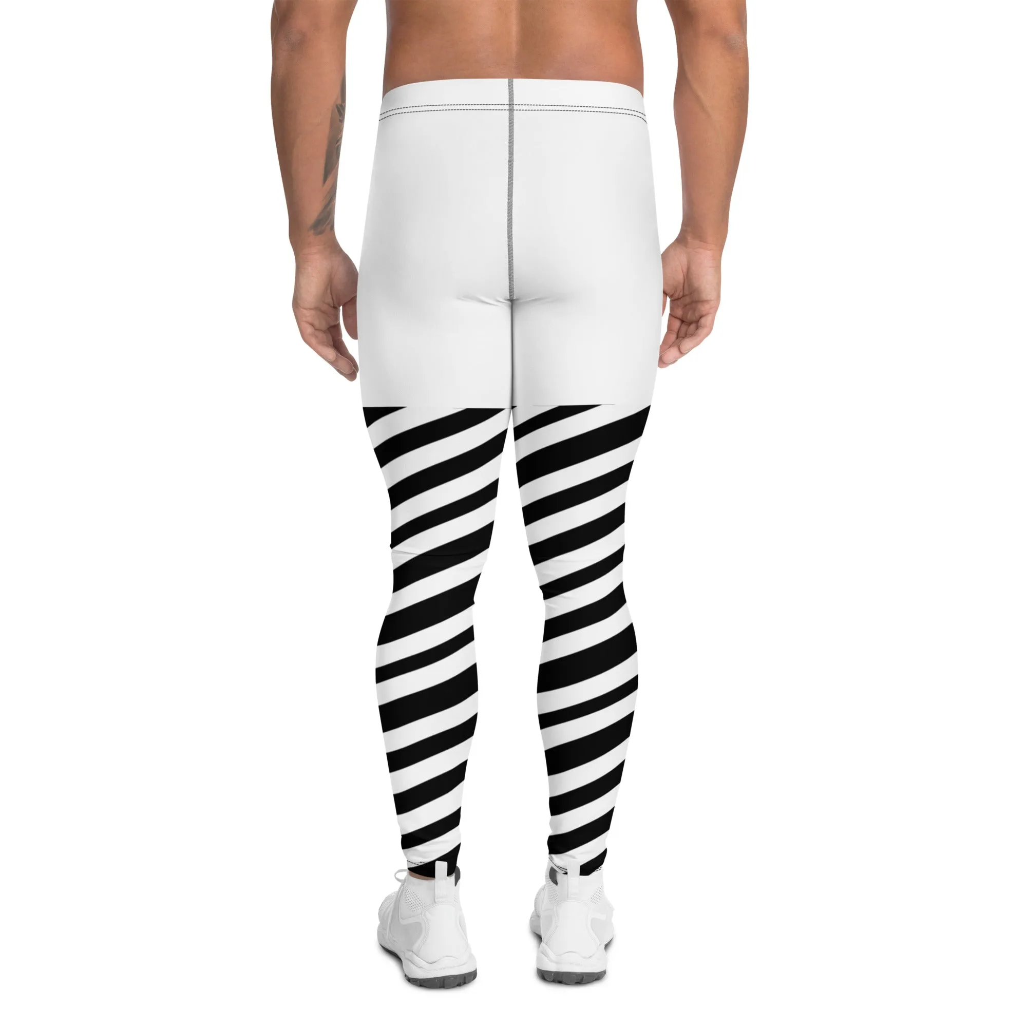 White Striped Men's Leggings, White and Black Diagonally Striped Meggings Compression Tights For Men- Made in USA/EU/MX