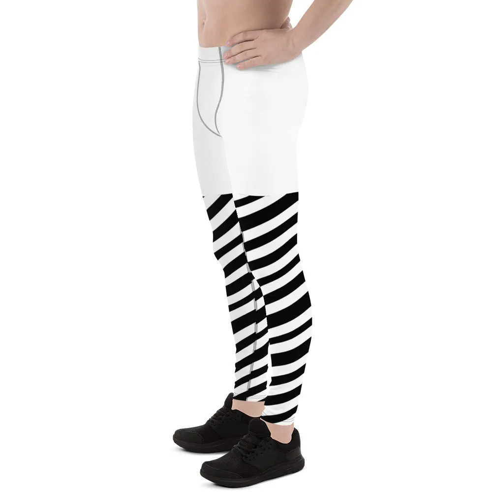 White Striped Men's Leggings, White and Black Diagonally Striped Meggings Compression Tights For Men- Made in USA/EU/MX