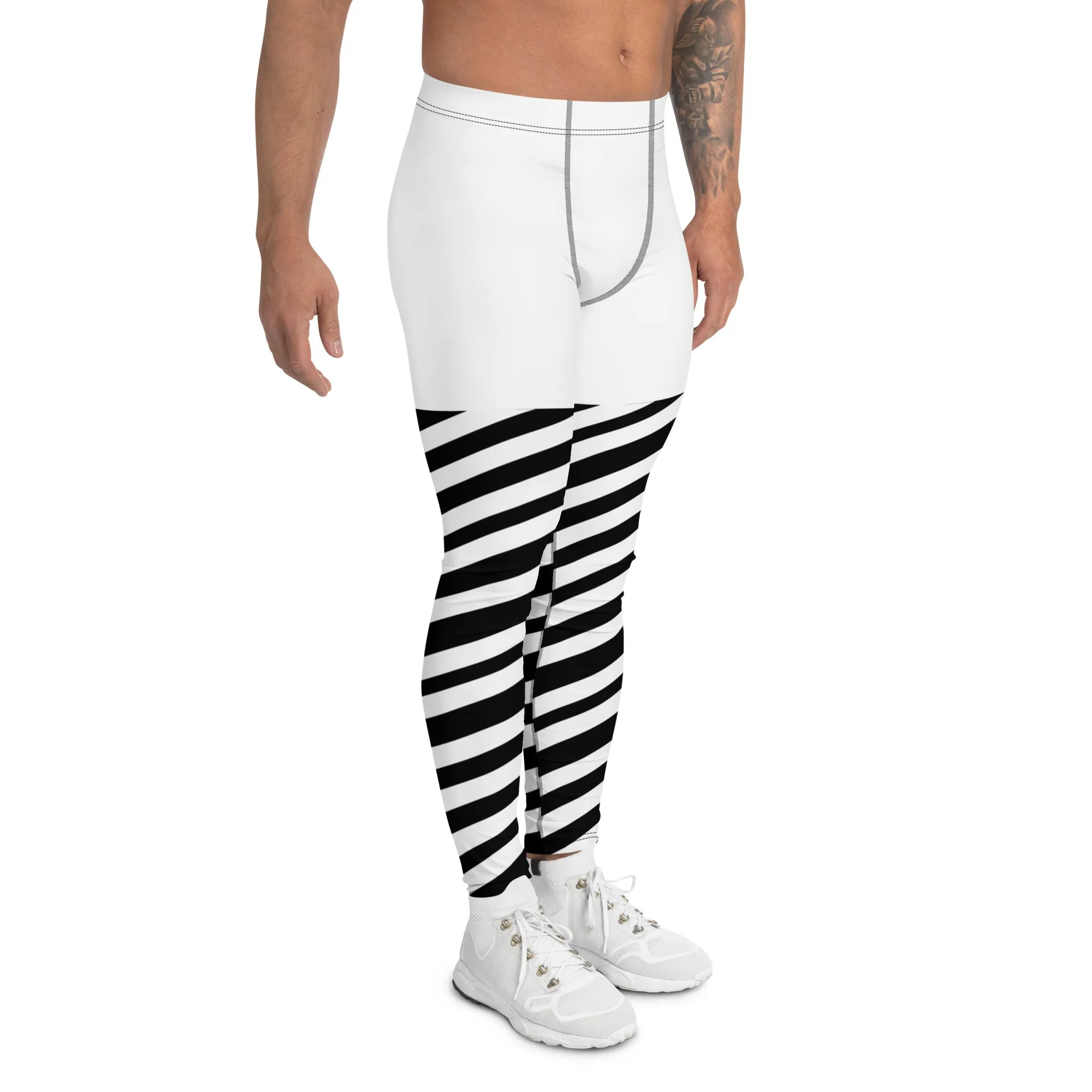 White Striped Men's Leggings, White and Black Diagonally Striped Meggings Compression Tights For Men- Made in USA/EU/MX