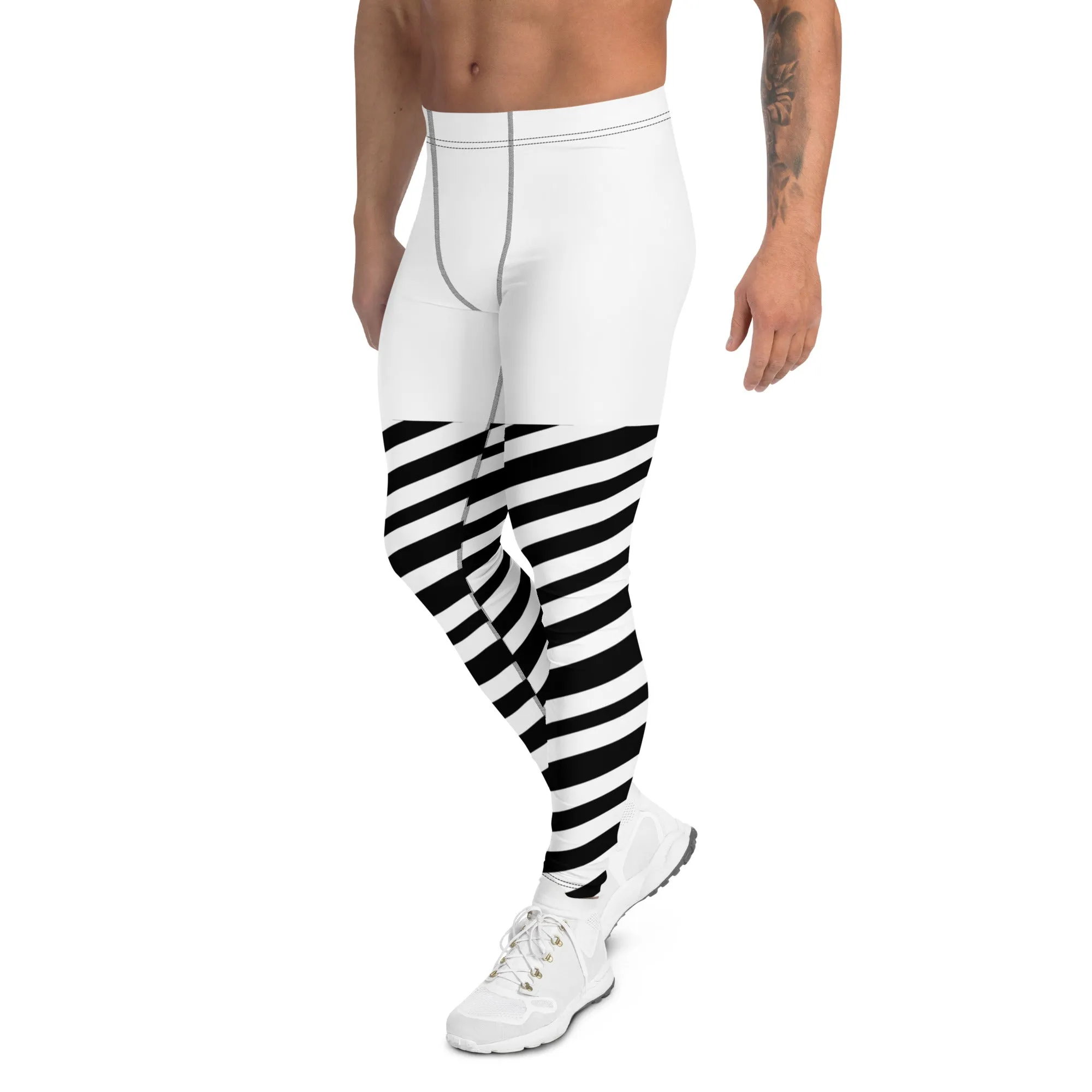 White Striped Men's Leggings, White and Black Diagonally Striped Meggings Compression Tights For Men- Made in USA/EU/MX