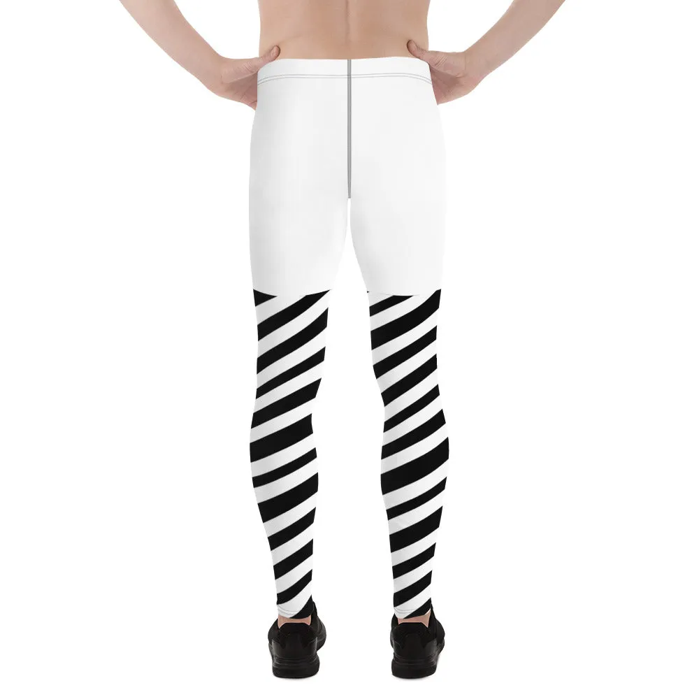 White Striped Men's Leggings, White and Black Diagonally Striped Meggings Compression Tights For Men- Made in USA/EU/MX