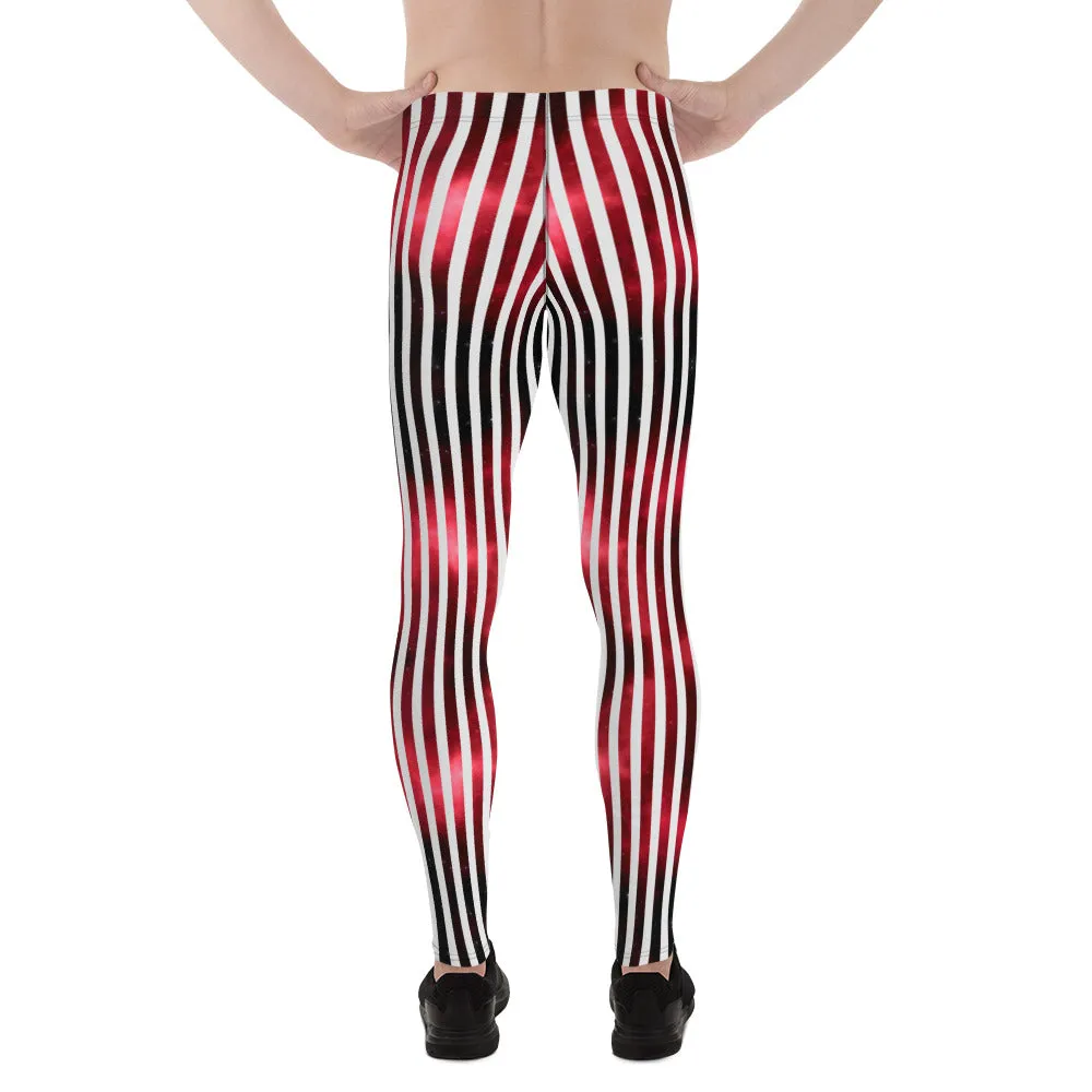 White Striped Red Men's Leggings, Vertical Striped Meggings Compression Tights For Men- Made in USA/EU/MX