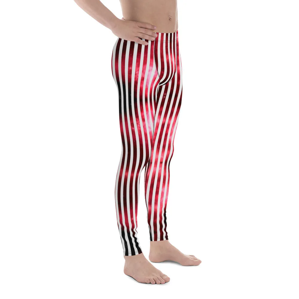 White Striped Red Men's Leggings, Vertical Striped Meggings Compression Tights For Men- Made in USA/EU/MX