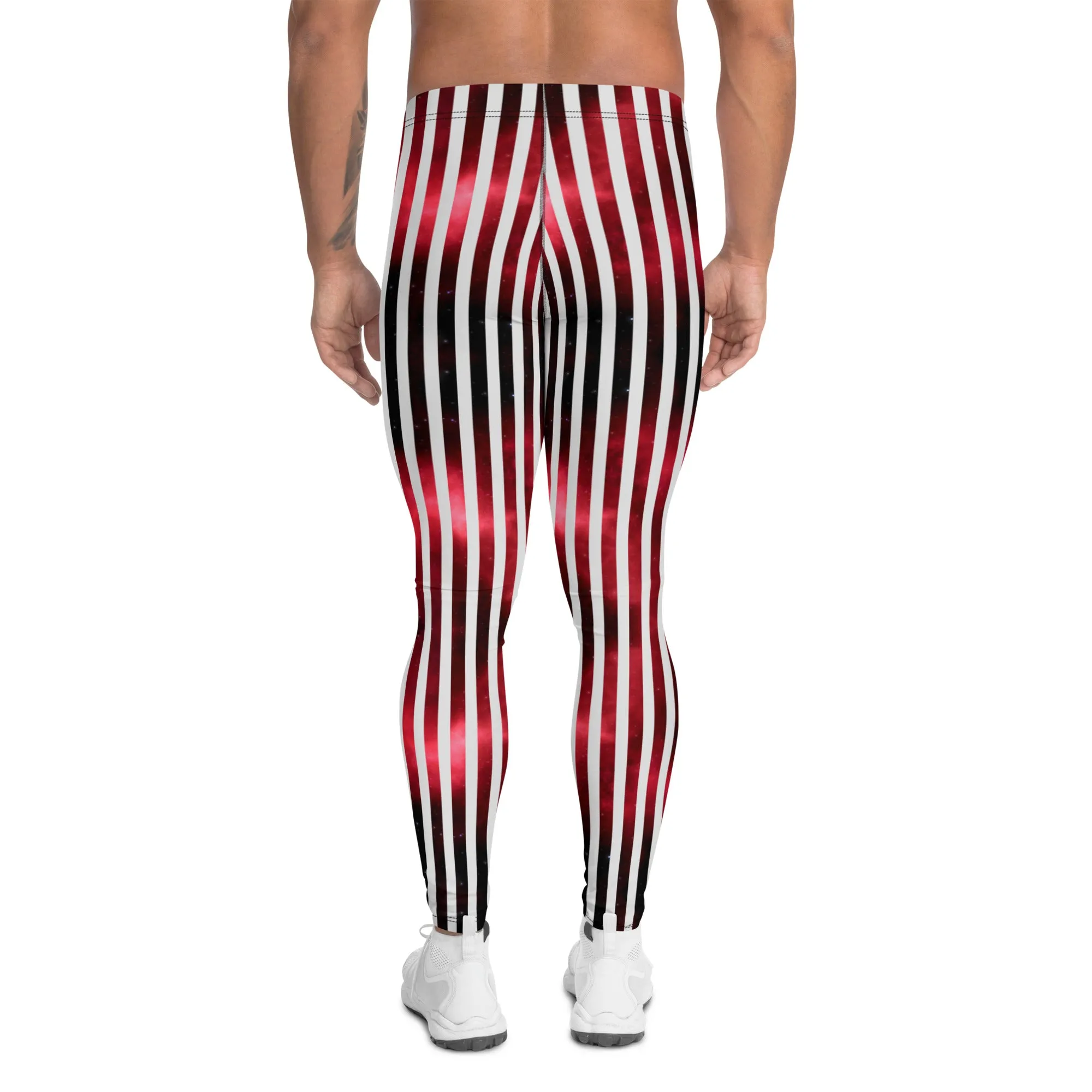 White Striped Red Men's Leggings, Vertical Striped Meggings Compression Tights For Men- Made in USA/EU/MX