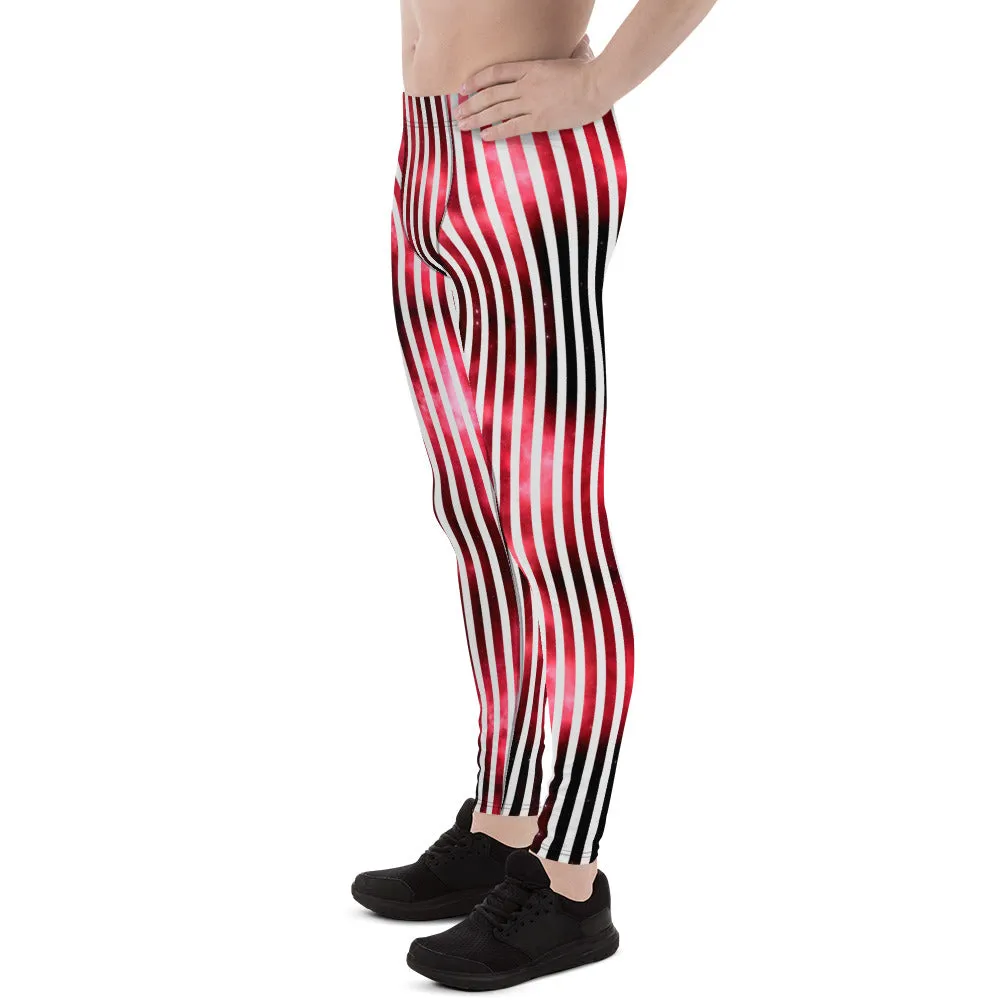 White Striped Red Men's Leggings, Vertical Striped Meggings Compression Tights For Men- Made in USA/EU/MX