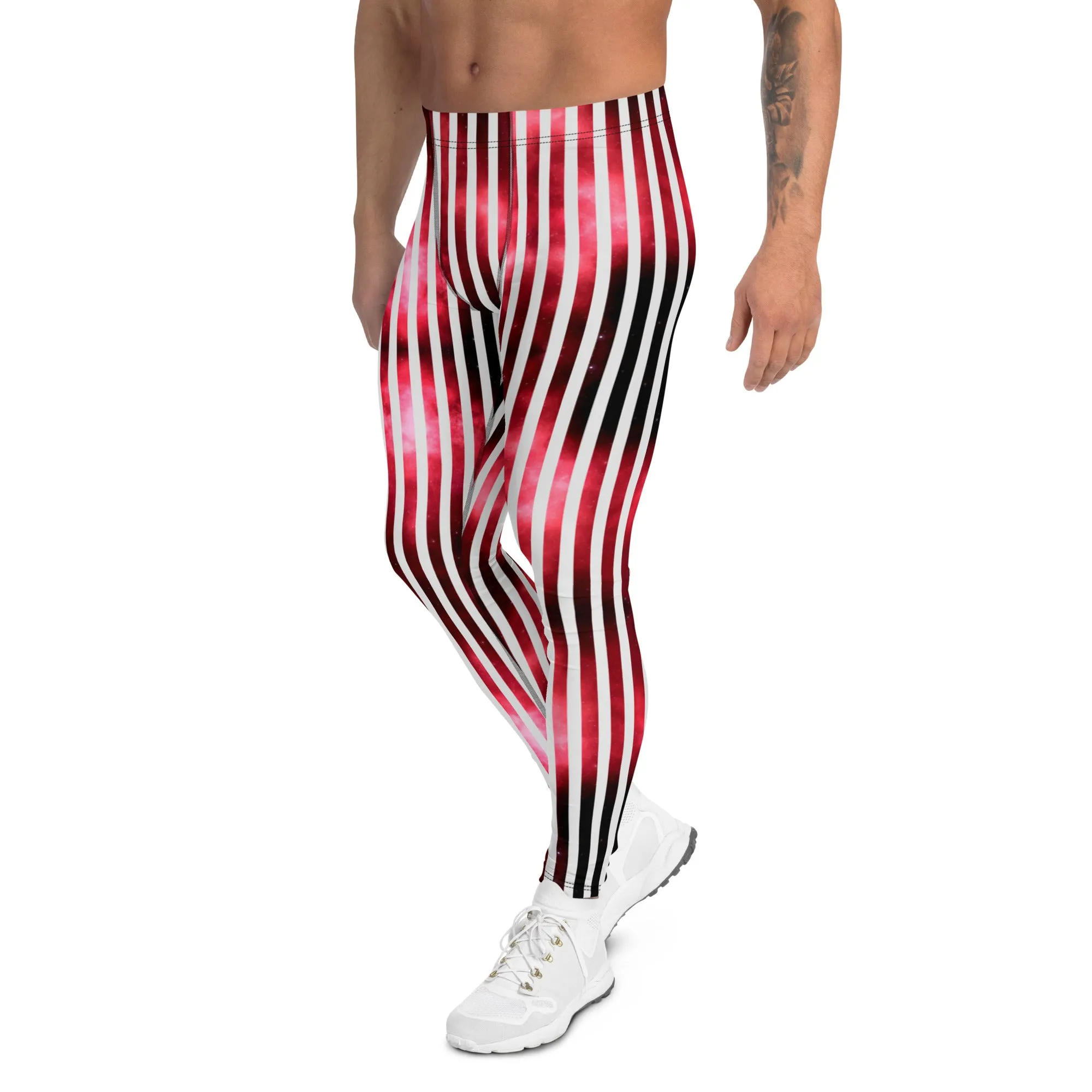 White Striped Red Men's Leggings, Vertical Striped Meggings Compression Tights For Men- Made in USA/EU/MX