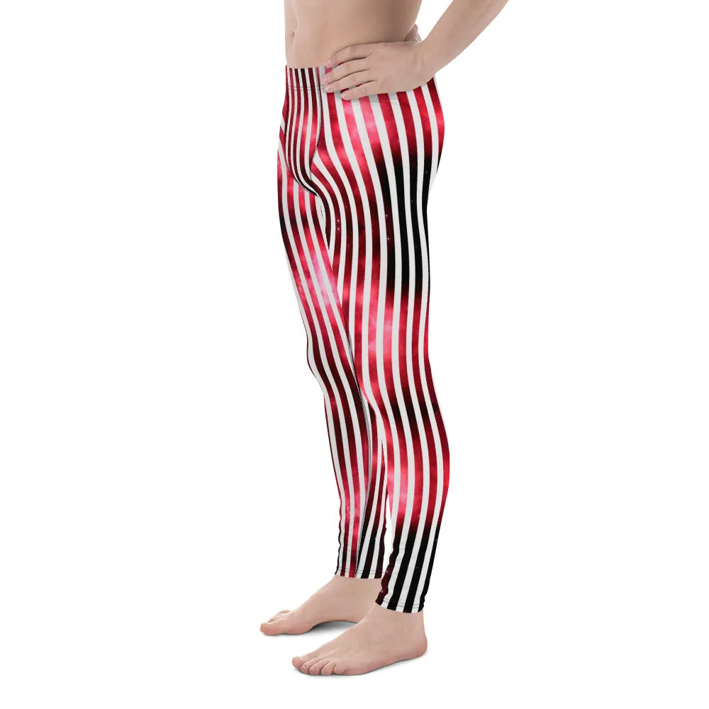 White Striped Red Men's Leggings, Vertical Striped Meggings Compression Tights For Men- Made in USA/EU/MX